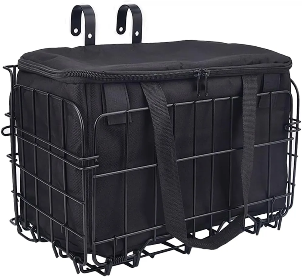Folding Bike Basket Front/Rear, Foldable Bicycle Basket with Removable Storage Bag, Rust Proof Hanging Cargo Basket Large Quick Release Storage Rack for Dogs, Pets, Fruit & Grocery