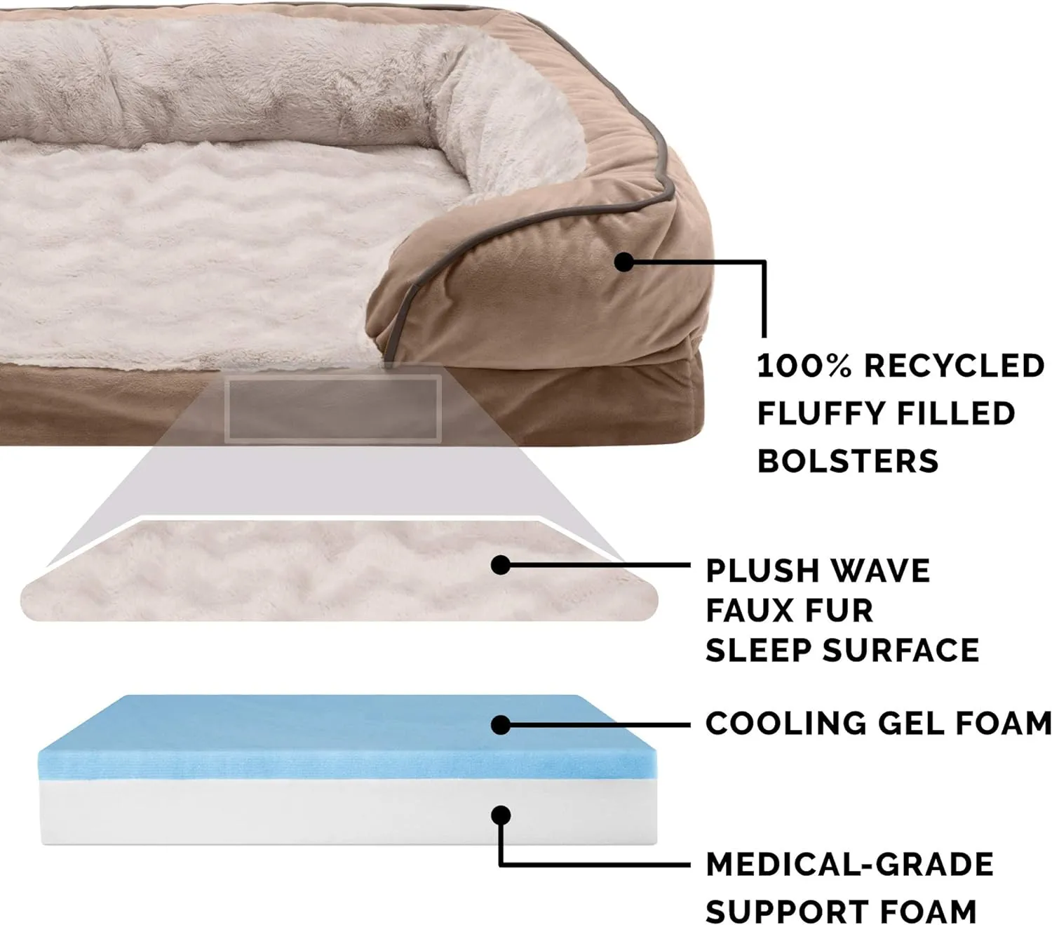 Furhaven Cooling Gel Dog Bed for Large/Medium Dogs w/ Removable Bolsters & Washable Cover, For Dogs Up to 55 lbs - Plush & Velvet Waves Perfect Comfort Sofa - Brownstone, Large