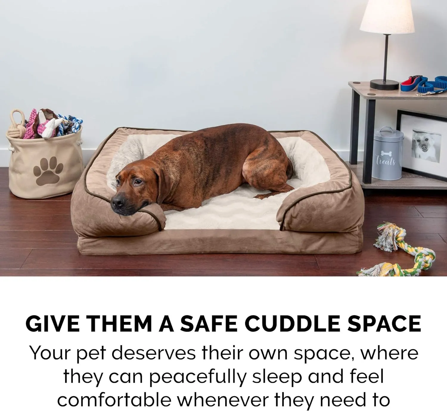 Furhaven Cooling Gel Dog Bed for Large/Medium Dogs w/ Removable Bolsters & Washable Cover, For Dogs Up to 55 lbs - Plush & Velvet Waves Perfect Comfort Sofa - Brownstone, Large
