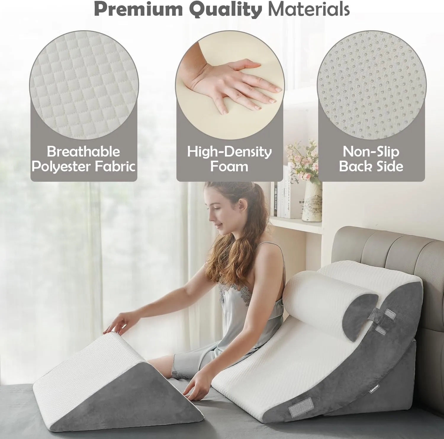 Ganaver 4pcs Orthopedic Bed Wedge Pillow Set Post Surgery Relaxing Back Adjustable Head Support Cushion Triangle Memory Foam Pillow for Acid Reflux Sleeping Reading Leg Elevation Snoring