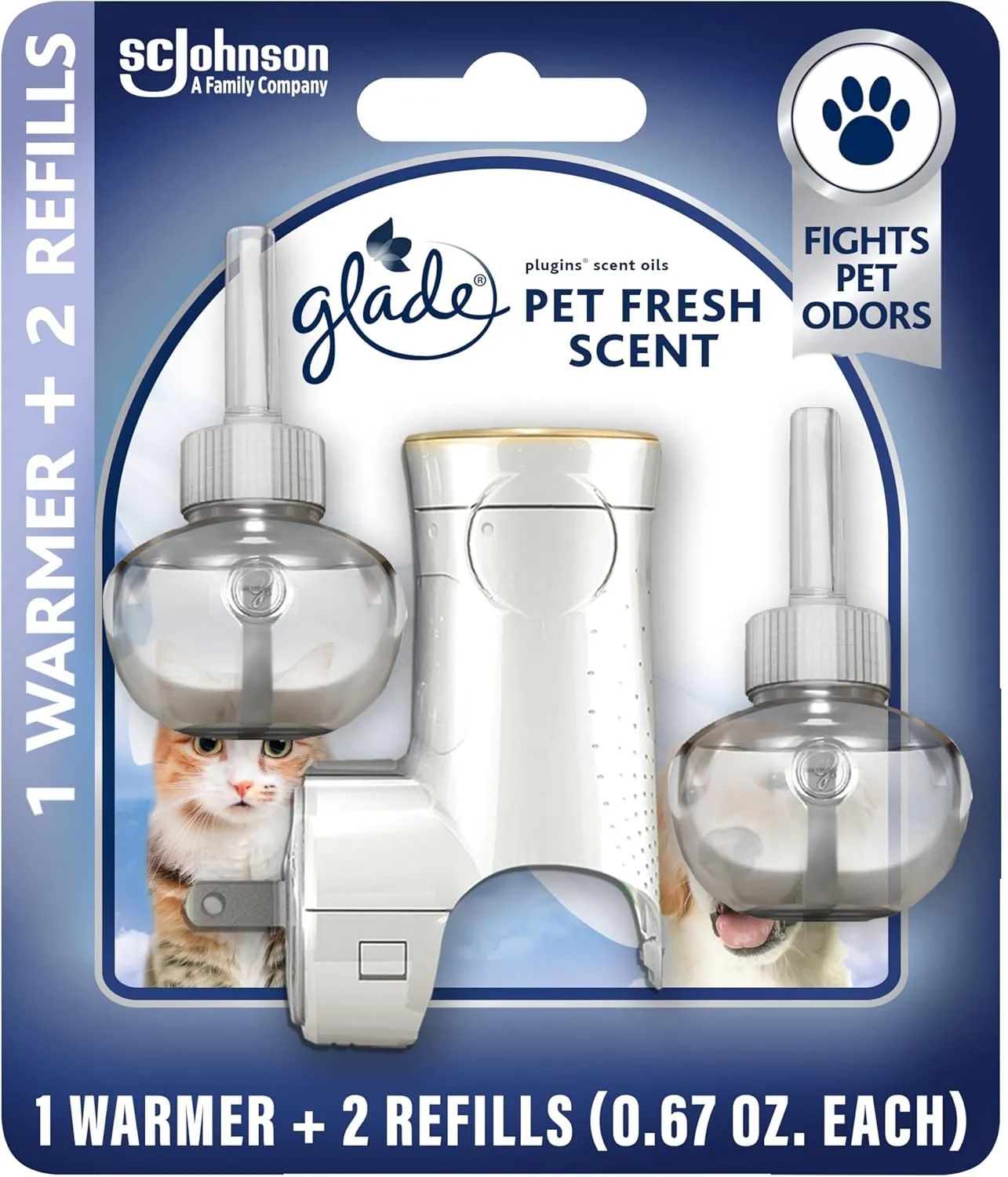 Glade PlugIns Refills Air Freshener Starter Kit, Pet Fresh Scent, Scented and Essential Oils for Home and Bathroom, 0.67 Fl Oz, 1 Warmer   2 Refills