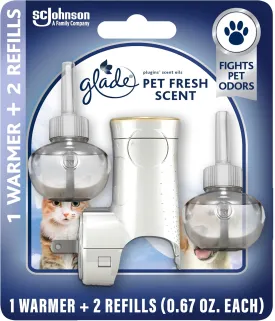 Glade PlugIns Refills Air Freshener Starter Kit, Pet Fresh Scent, Scented and Essential Oils for Home and Bathroom, 0.67 Fl Oz, 1 Warmer   2 Refills