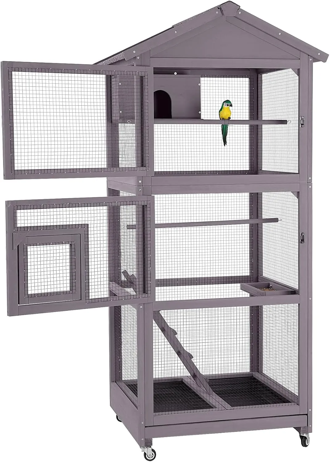 GUTINNEEN Bird Cage Outdoor Wooden Aviary Indoor, 70" H Large Parrot Cage with 4 Casters, Flight Bird Cages for Parrot Lovebirds Finches(Grey)