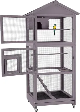 GUTINNEEN Bird Cage Outdoor Wooden Aviary Indoor, 70" H Large Parrot Cage with 4 Casters, Flight Bird Cages for Parrot Lovebirds Finches(Grey)
