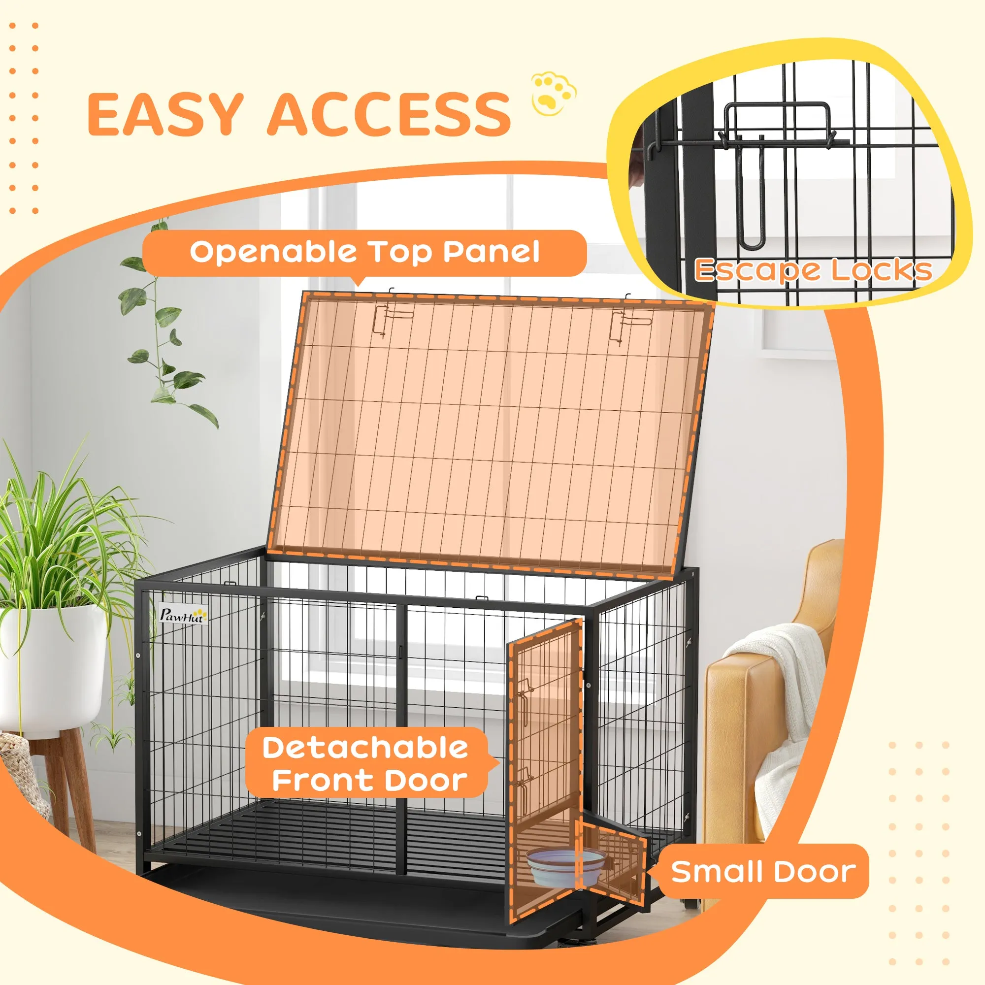 Heavy Duty Dog Crate on Wheels w/ Bowl Holder, Removable Tray, Openable Top, Detachable Door, for L, XL Dogs