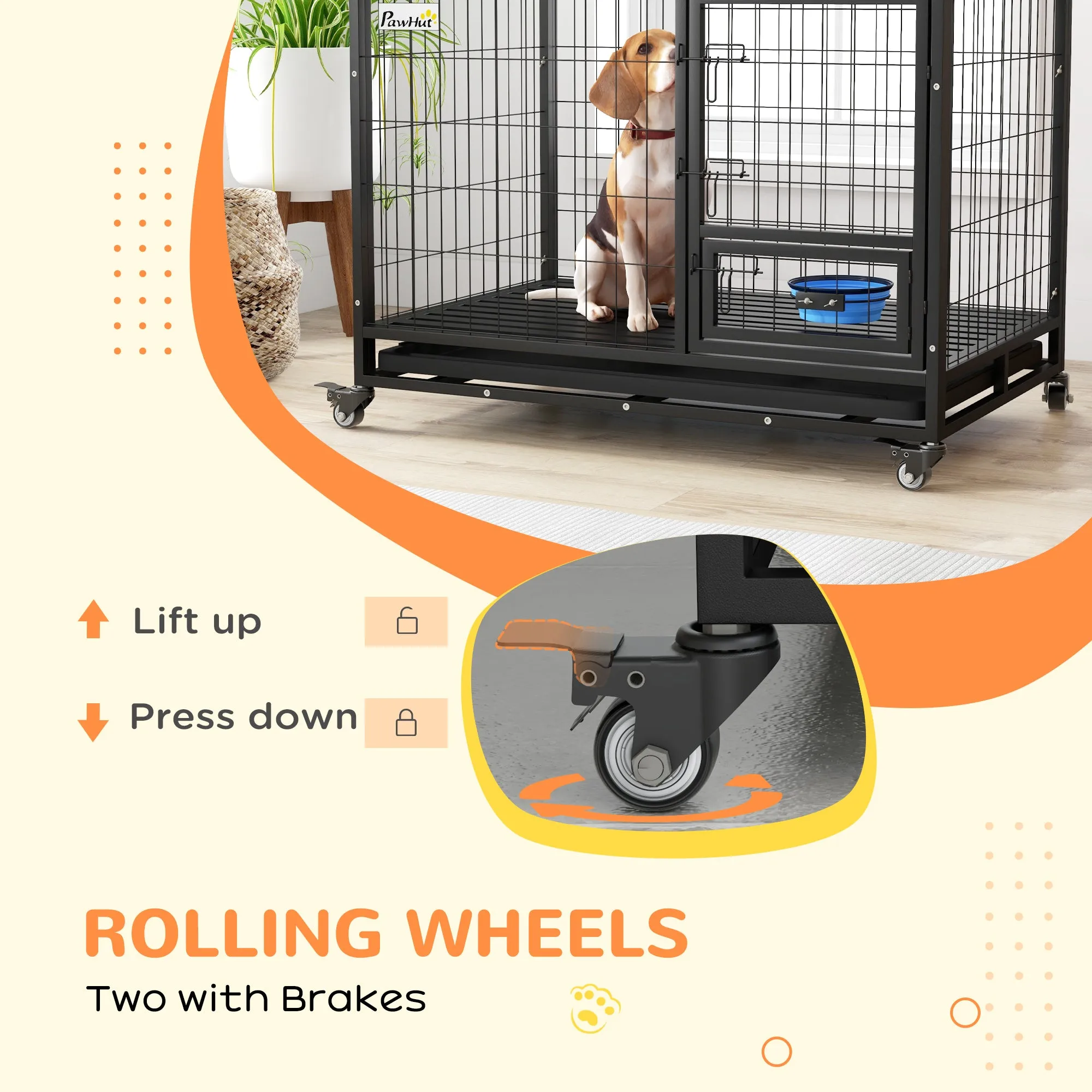 Heavy Duty Dog Crate on Wheels w/ Bowl Holder, Removable Tray, Openable Top, Detachable Door, for L, XL Dogs