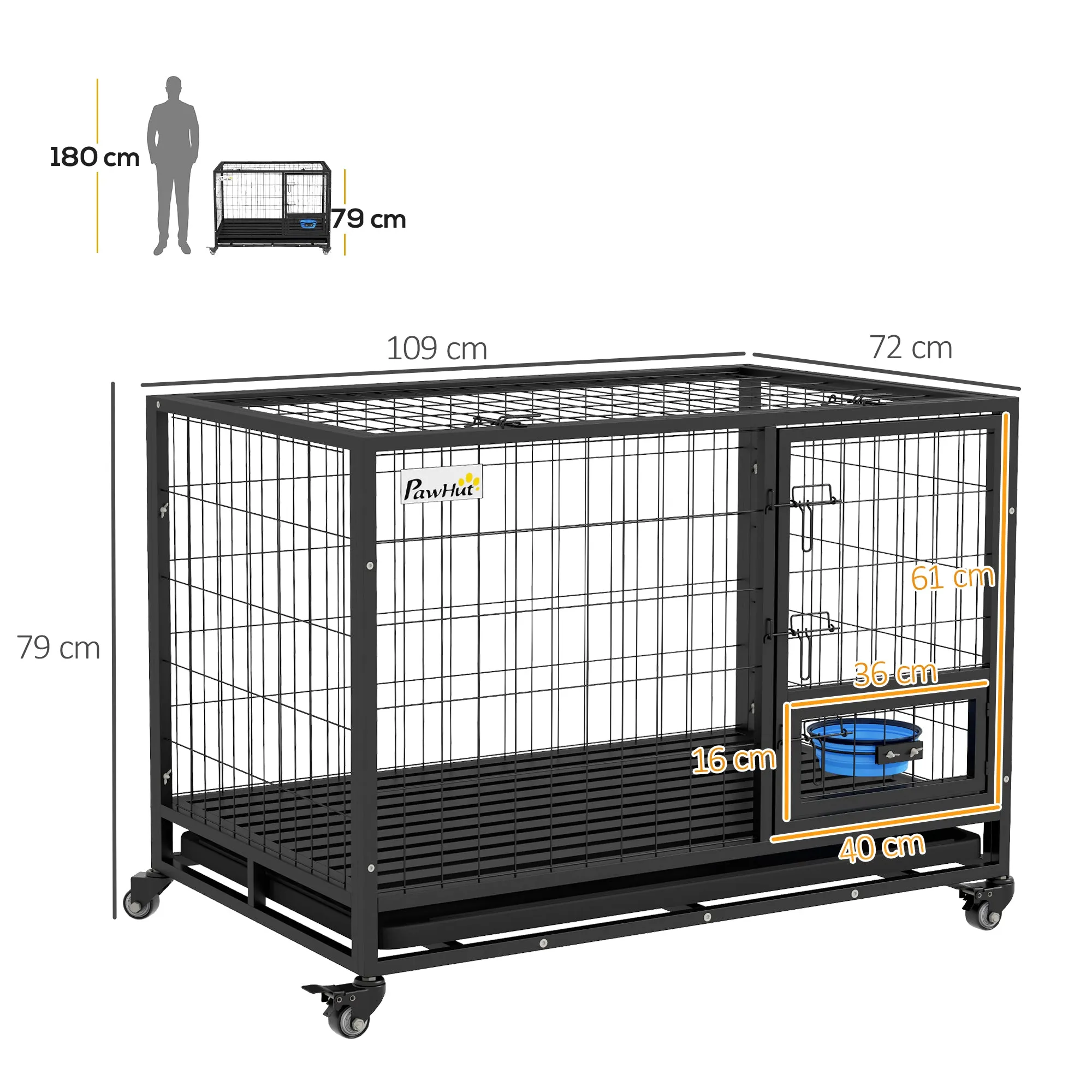 Heavy Duty Dog Crate on Wheels w/ Bowl Holder, Removable Tray, Openable Top, Detachable Door, for L, XL Dogs
