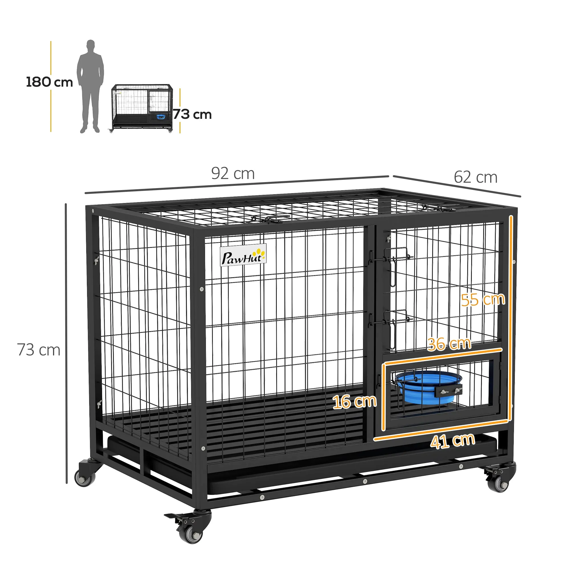 Heavy Duty Dog Crate on Wheels w/ Bowl Holder, Removable Tray, Openable Top, Detachable Door, for M, L Dogs