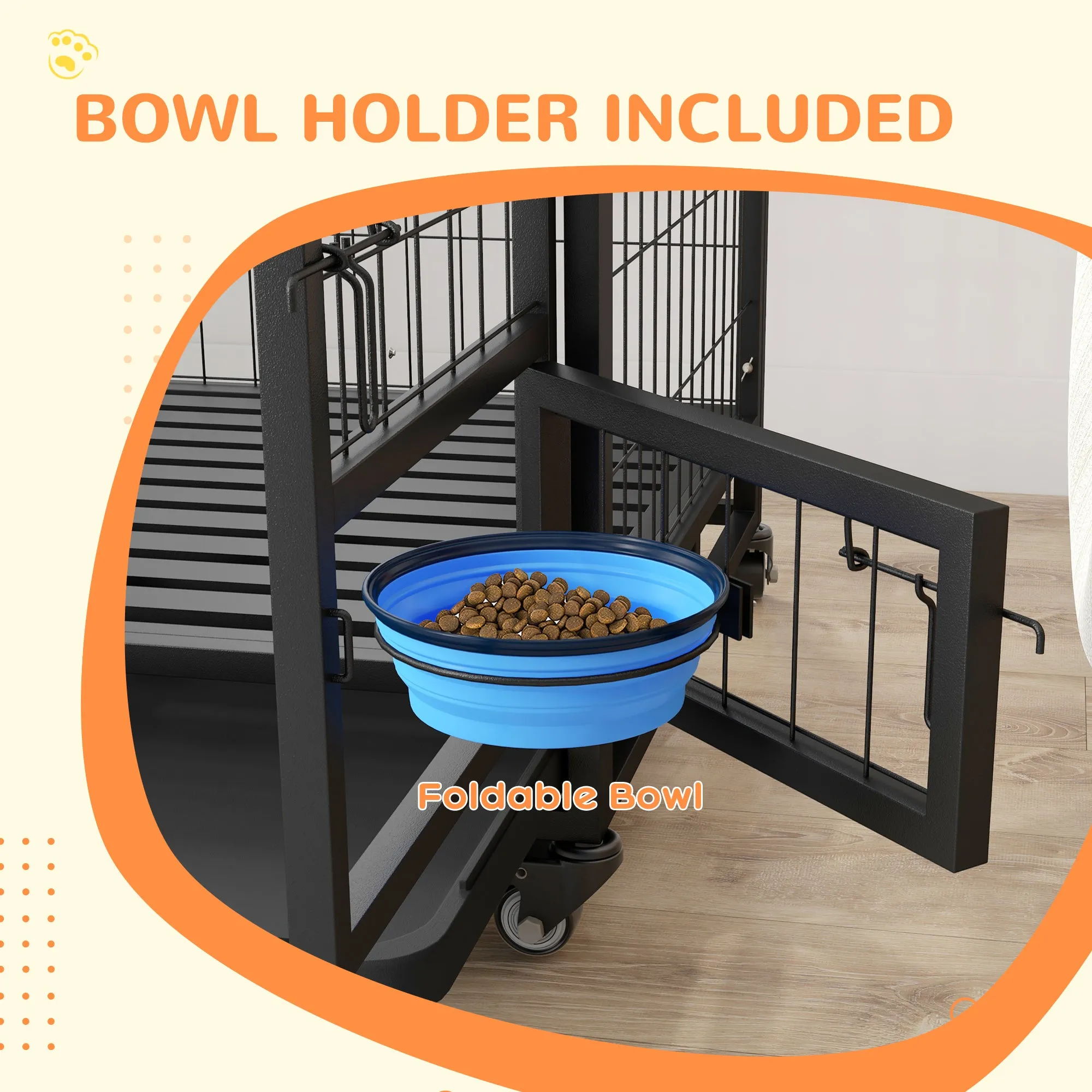 Heavy Duty Dog Crate on Wheels w/ Bowl Holder, Removable Tray, Openable Top, Detachable Door, for M, L Dogs