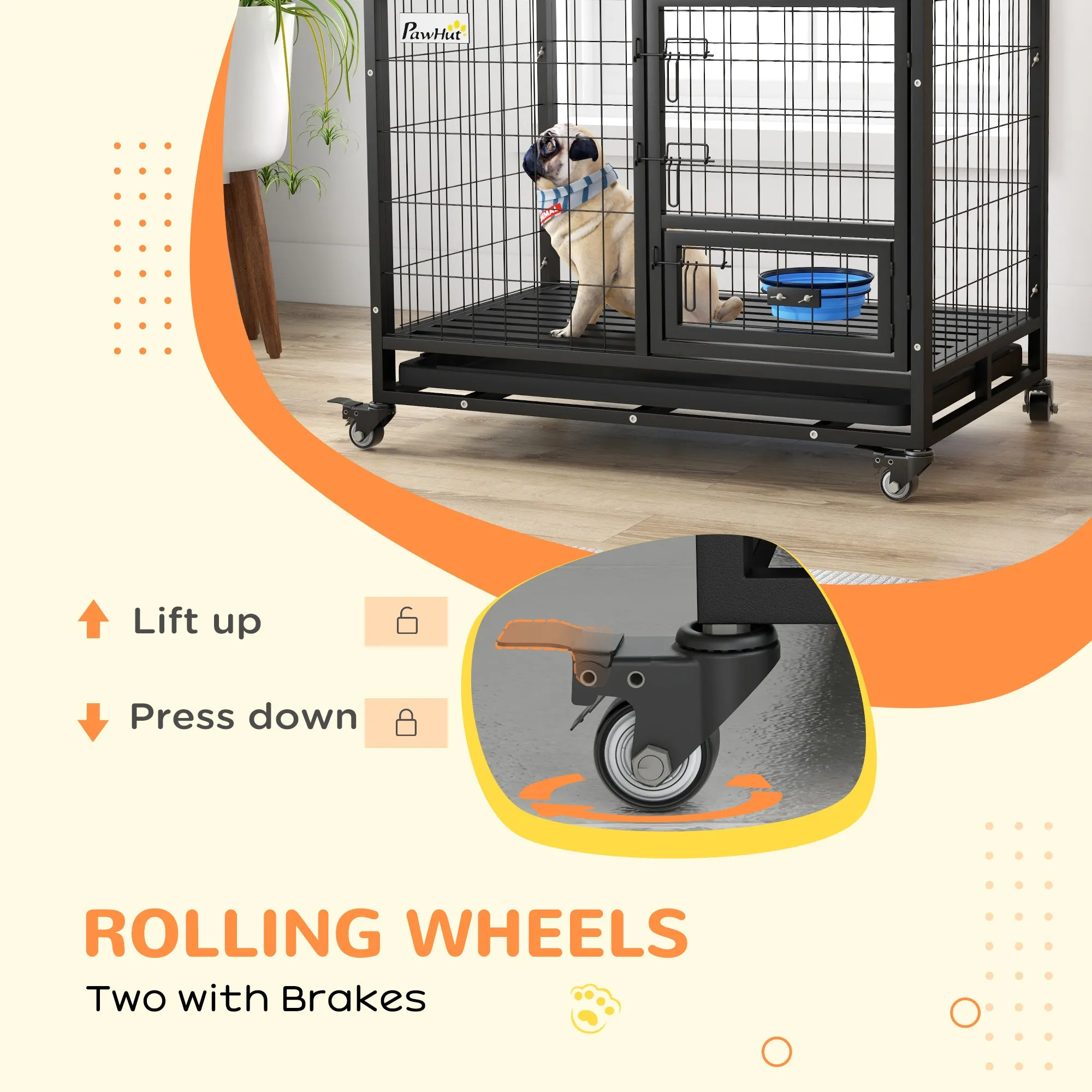 Heavy Duty Dog Crate on Wheels w/ Bowl Holder, Removable Tray, Openable Top, Detachable Door, for M, L Dogs