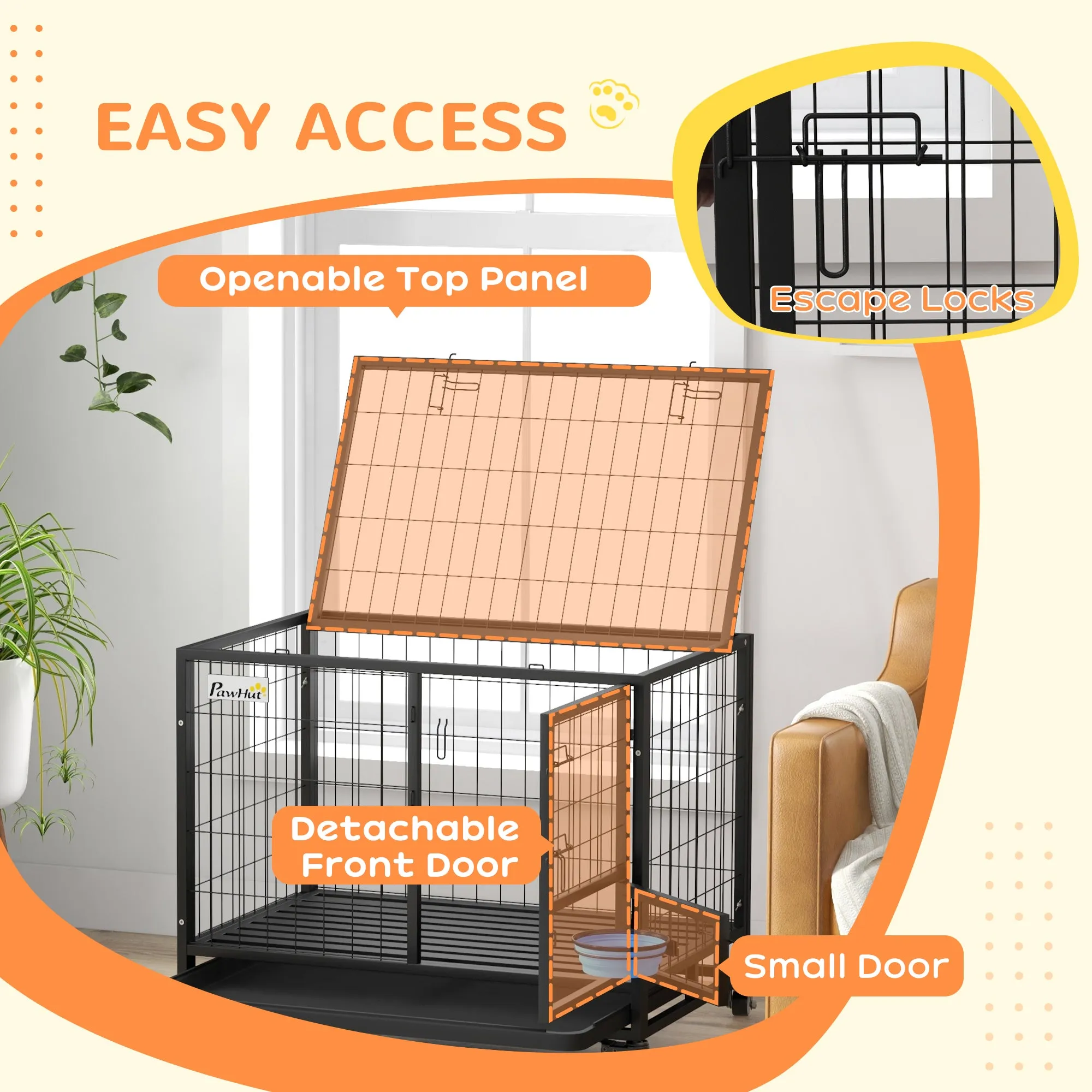 Heavy Duty Dog Crate on Wheels w/ Bowl Holder, Removable Tray, Openable Top, Detachable Door, for M, L Dogs