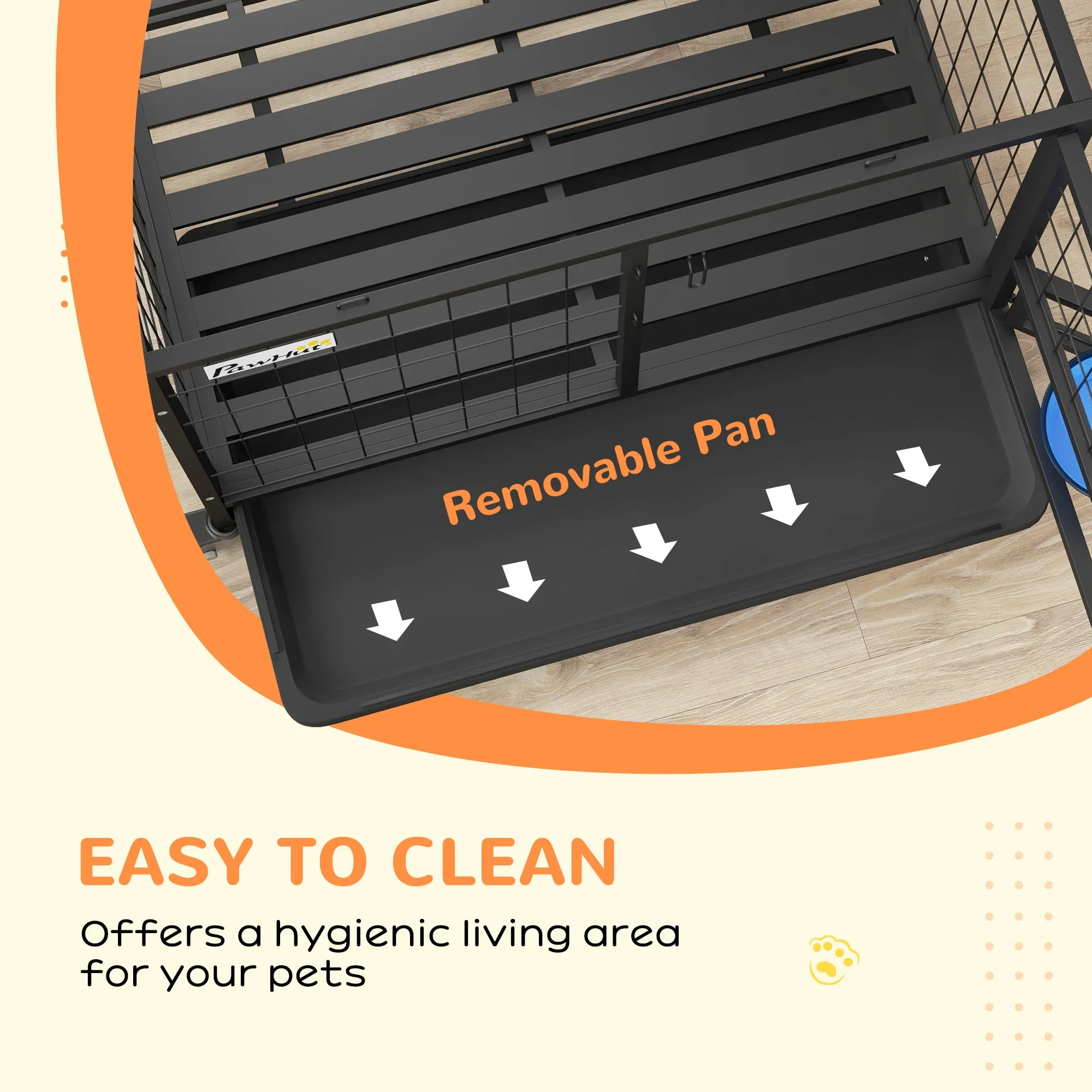 Heavy Duty Dog Crate on Wheels w/ Bowl Holder, Removable Tray, Openable Top, Detachable Door, for M, L Dogs