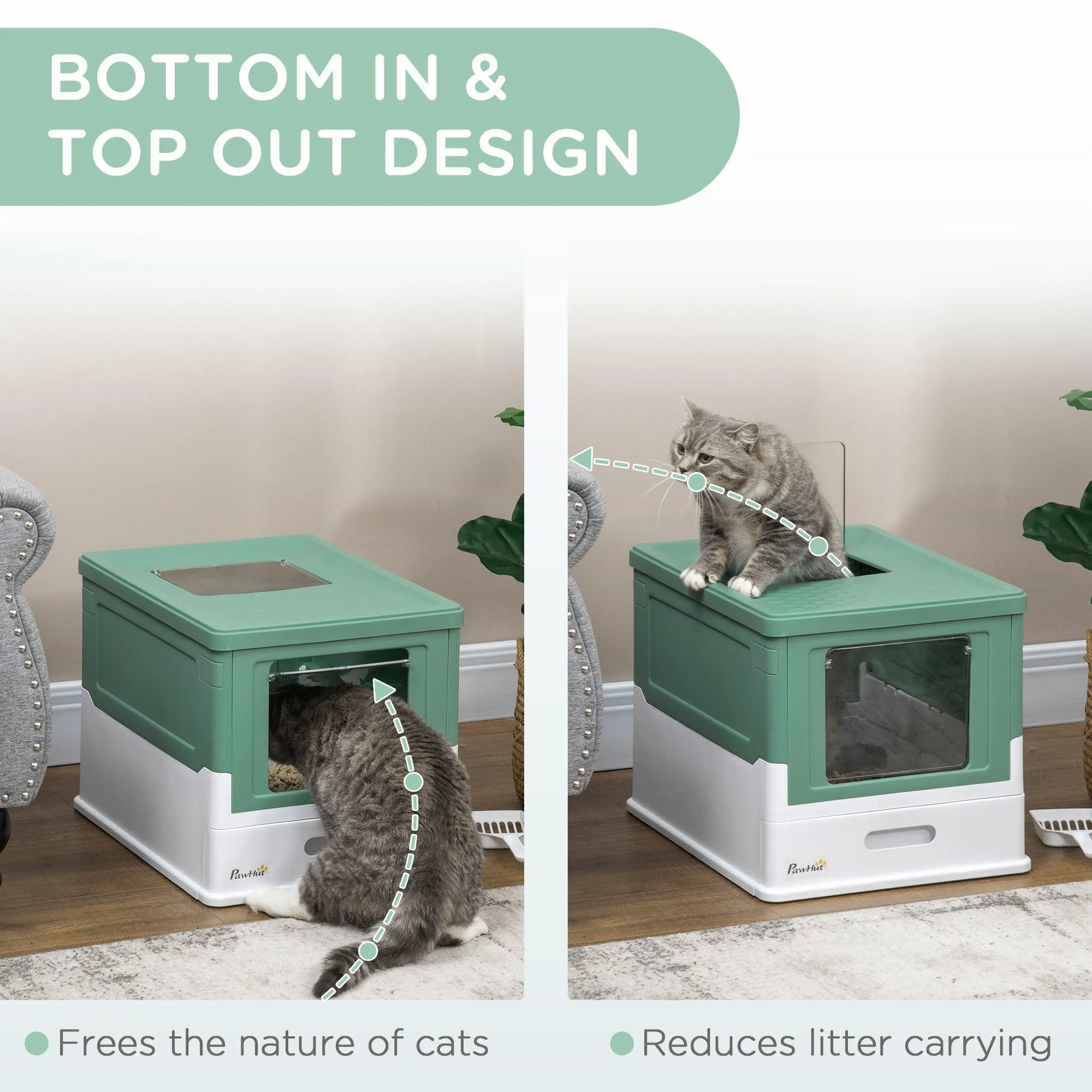 Hooded Cat Litter Box with Scoop, Green & White