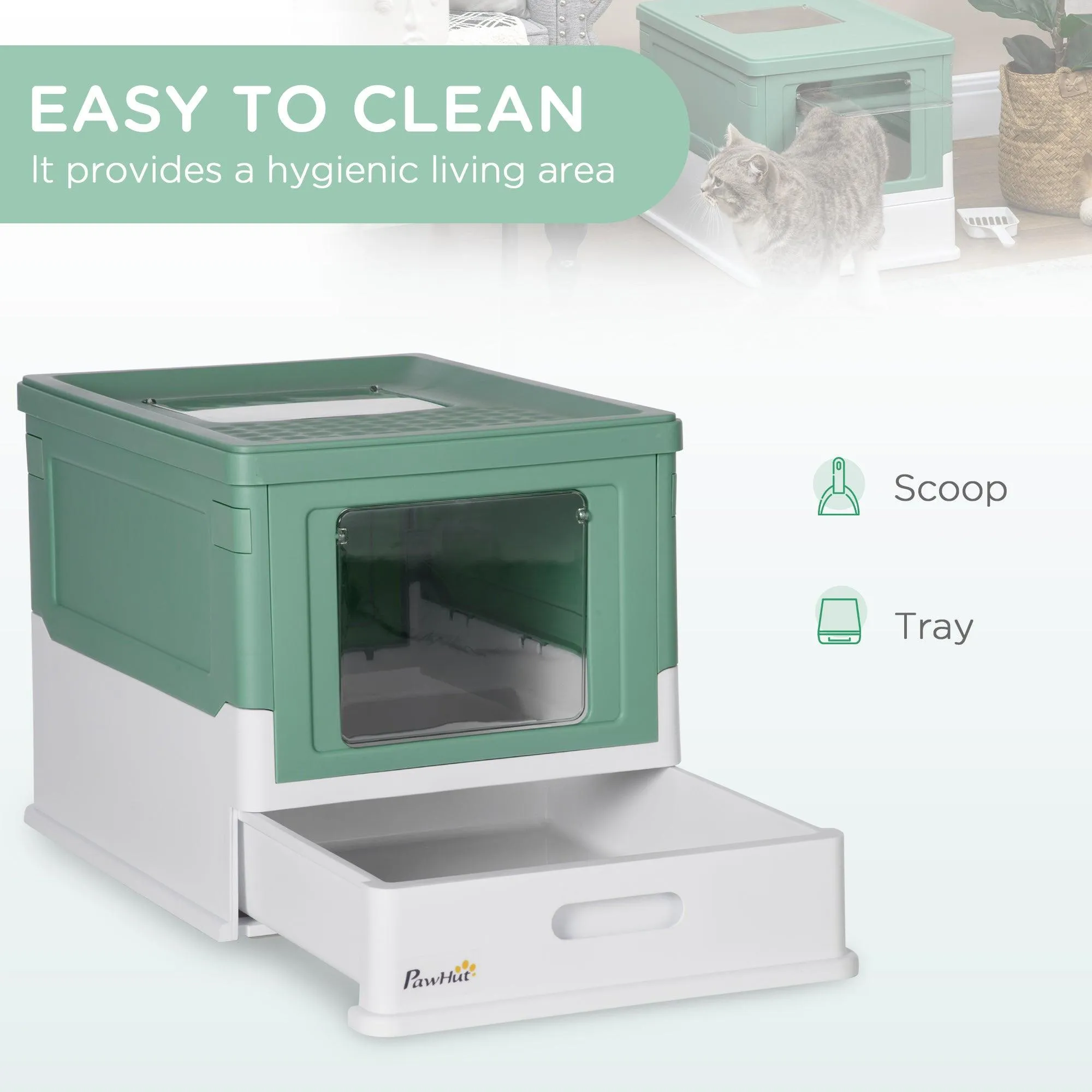Hooded Cat Litter Box with Scoop, Green & White