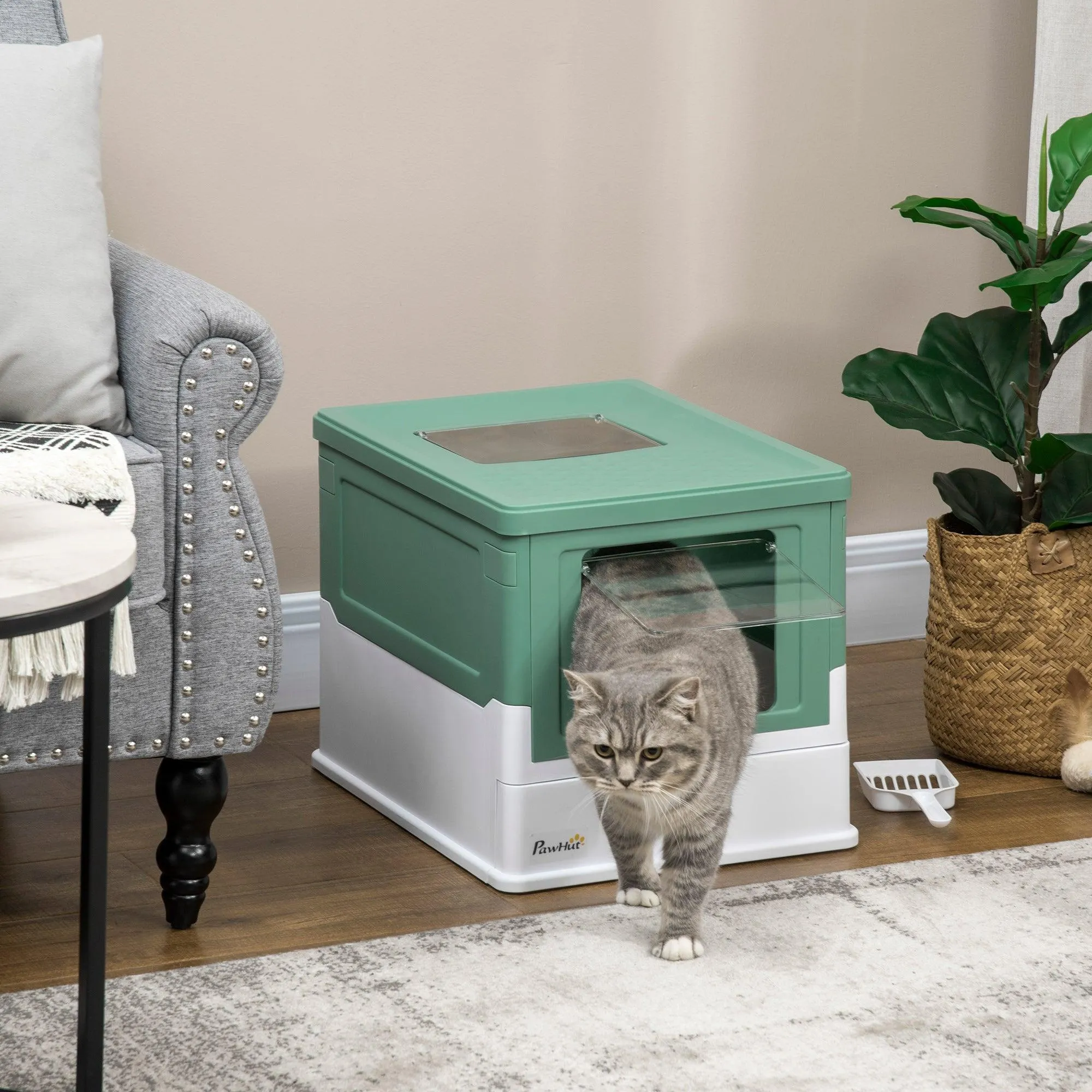 Hooded Cat Litter Box with Scoop, Green & White