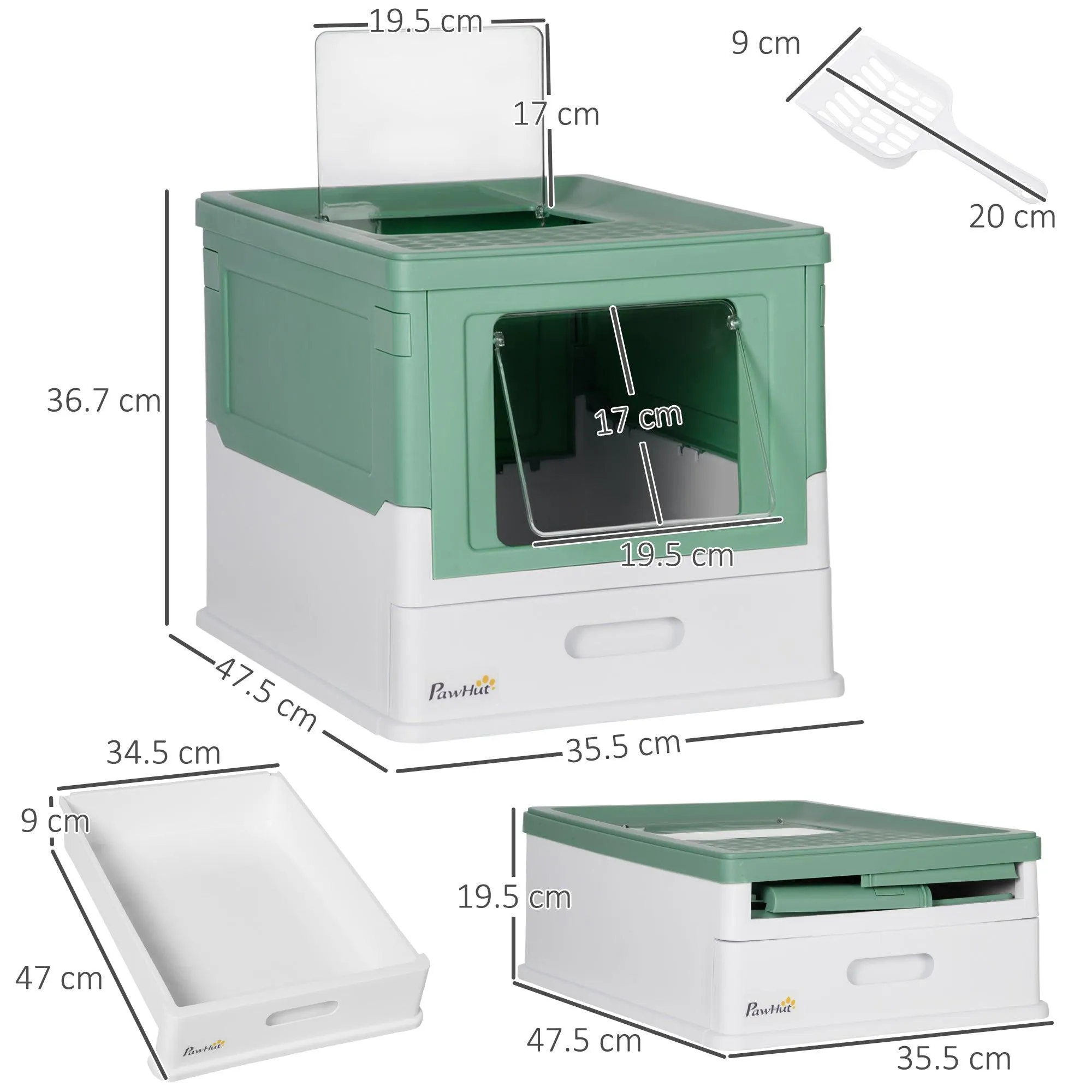 Hooded Cat Litter Box with Scoop, Green & White