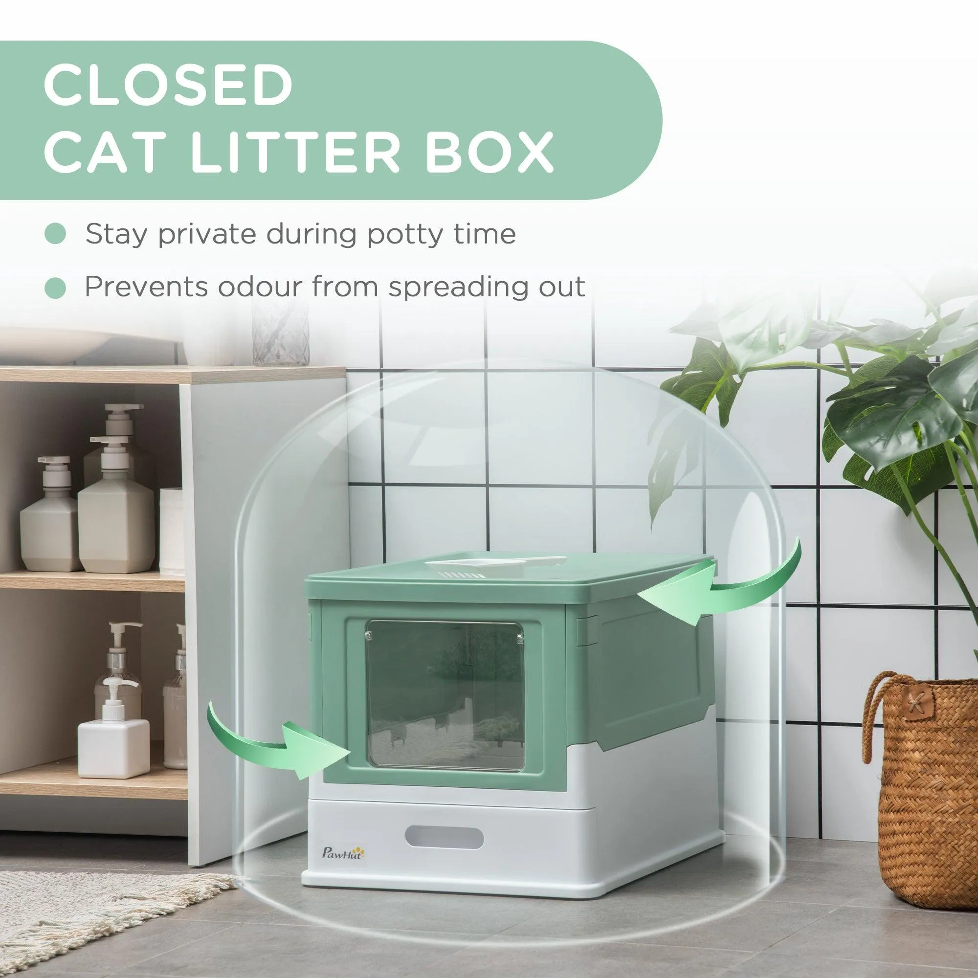 Hooded Cat Litter Box with Scoop, Green & White