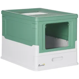 Hooded Cat Litter Box with Scoop, Green & White