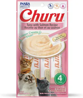 INABA Churu Cat Treats, Grain-Free, Lickable, Squeezable Creamy Pure Cat Treat/Topper with Vitamin E & Taurine, 0.5 Ounces Each Tube, 4 Tubes, Tuna with Salmon Recipe