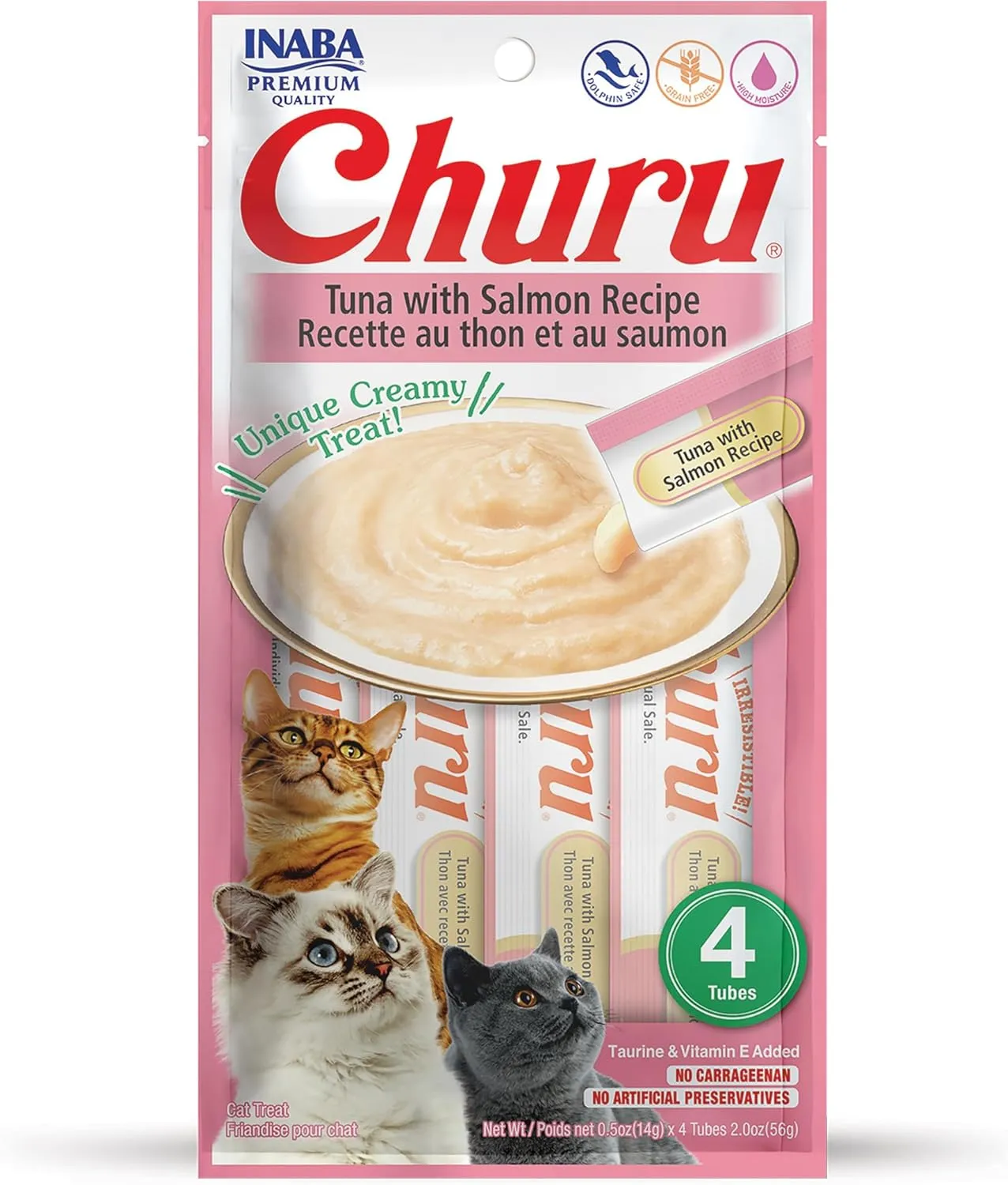 INABA Churu Cat Treats, Grain-Free, Lickable, Squeezable Creamy Pure Cat Treat/Topper with Vitamin E & Taurine, 0.5 Ounces Each Tube, 4 Tubes, Tuna with Salmon Recipe