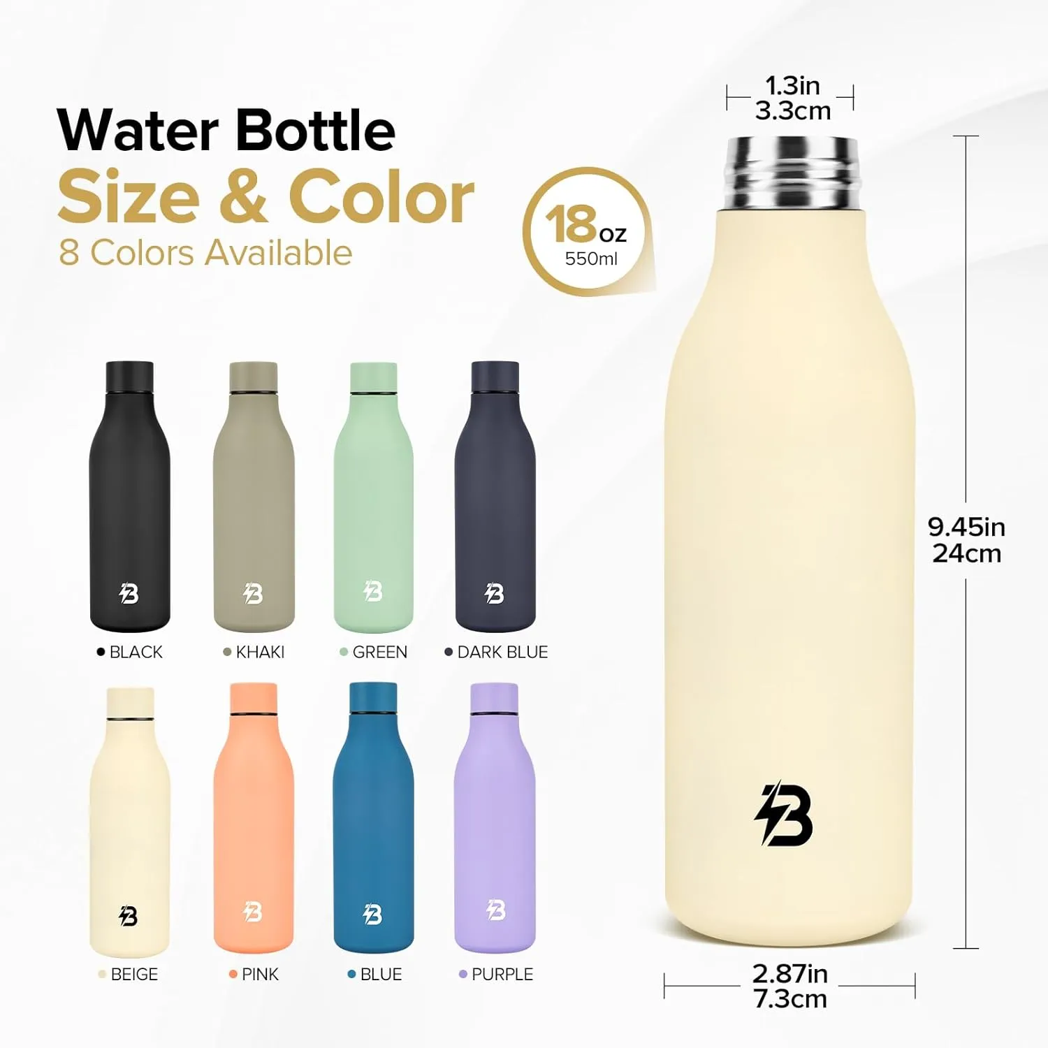 Insulated Metal Water Bottle, 18 oz Stainless Steel Leak-Proof Gym Water Bottle with Lid for Men Women (Beige)