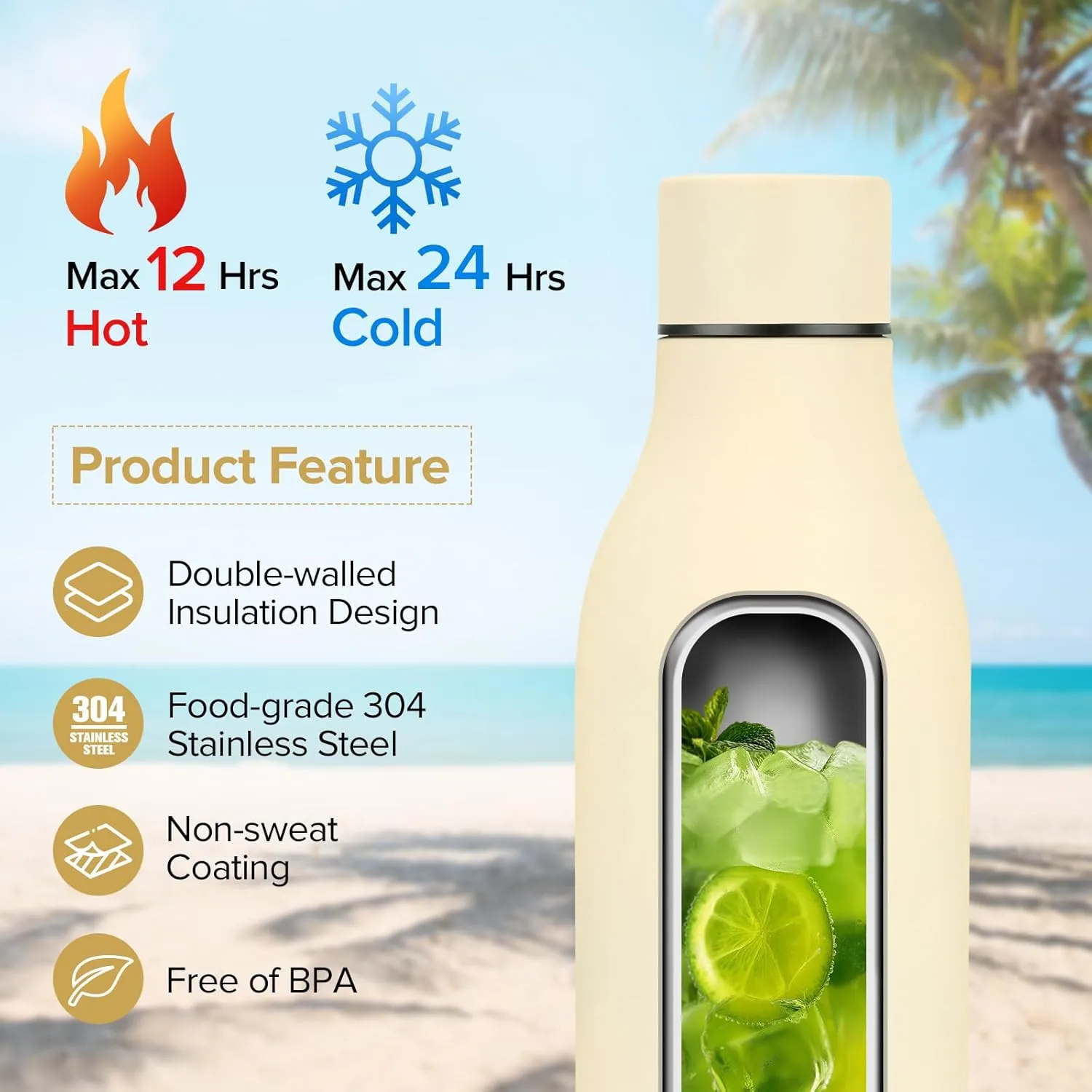 Insulated Metal Water Bottle, 18 oz Stainless Steel Leak-Proof Gym Water Bottle with Lid for Men Women (Beige)