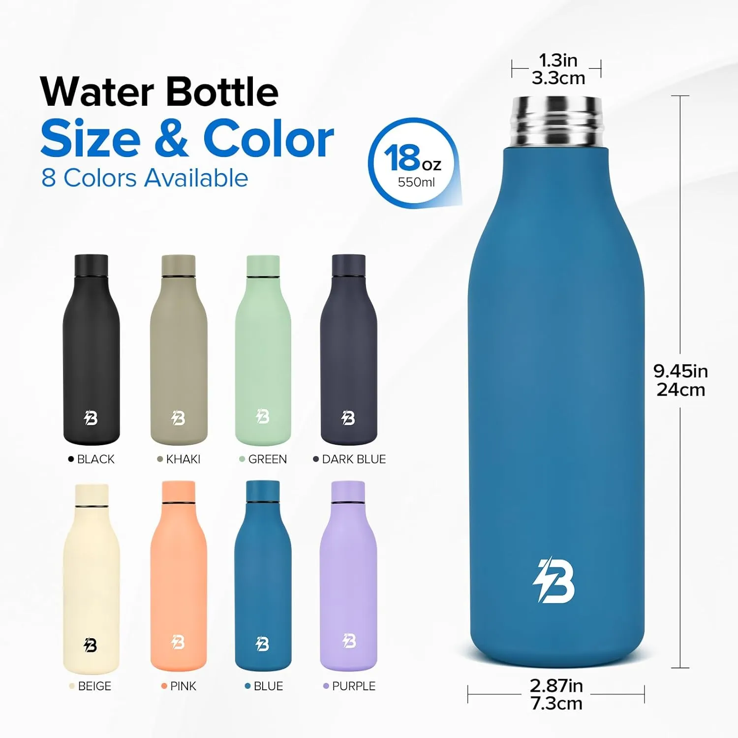 Insulated Metal Water Bottle, 18 oz Stainless Steel Leak-Proof Gym Water Bottle with Lid for Men Women (Blue)