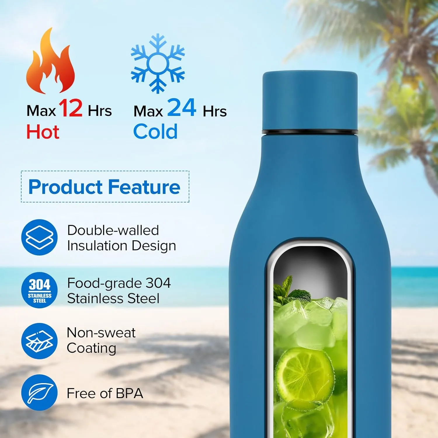 Insulated Metal Water Bottle, 18 oz Stainless Steel Leak-Proof Gym Water Bottle with Lid for Men Women (Blue)