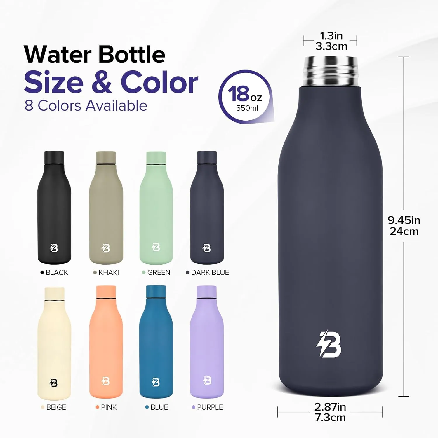 Insulated Metal Water Bottle, 18 oz Stainless Steel Leak-Proof Gym Water Bottle with Lid for Men Women (Dark Blue)