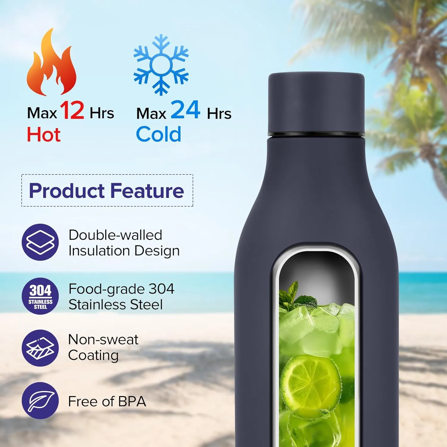 Insulated Metal Water Bottle, 18 oz Stainless Steel Leak-Proof Gym Water Bottle with Lid for Men Women (Dark Blue)