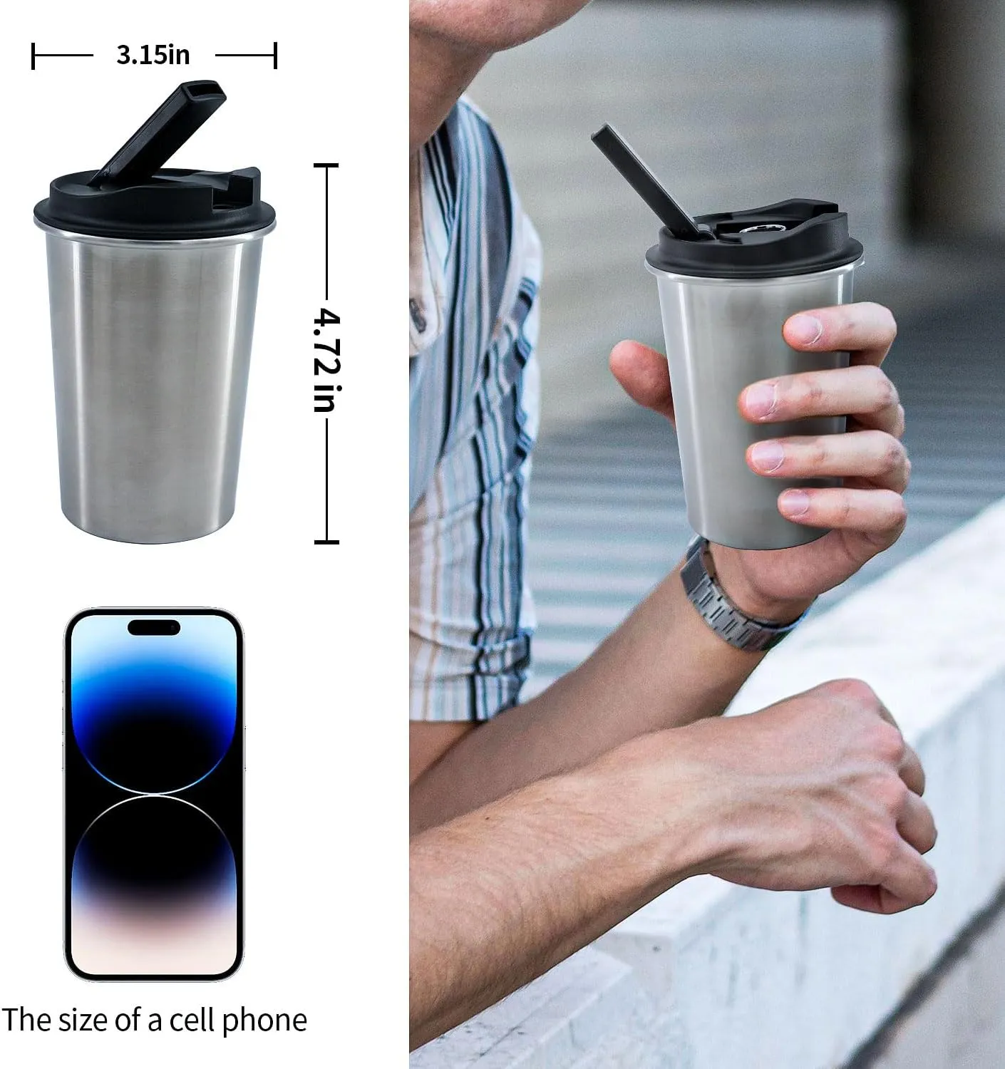 Insulated Stainless Steel Travel Mug with Heat-Resistant Silicone Lid | Discreet Reusable Cup for Camping, Hiking & Outdoor Activities (Silver)