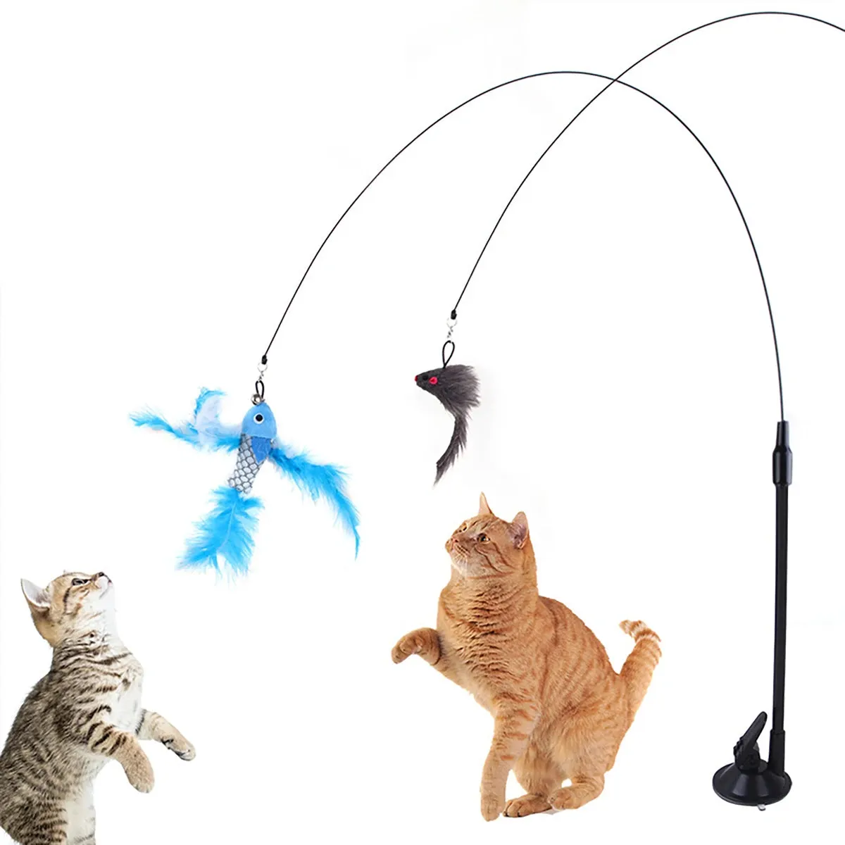 Interactive Cat Toy - Feather Teaser Wand with Bell and Sucker Base