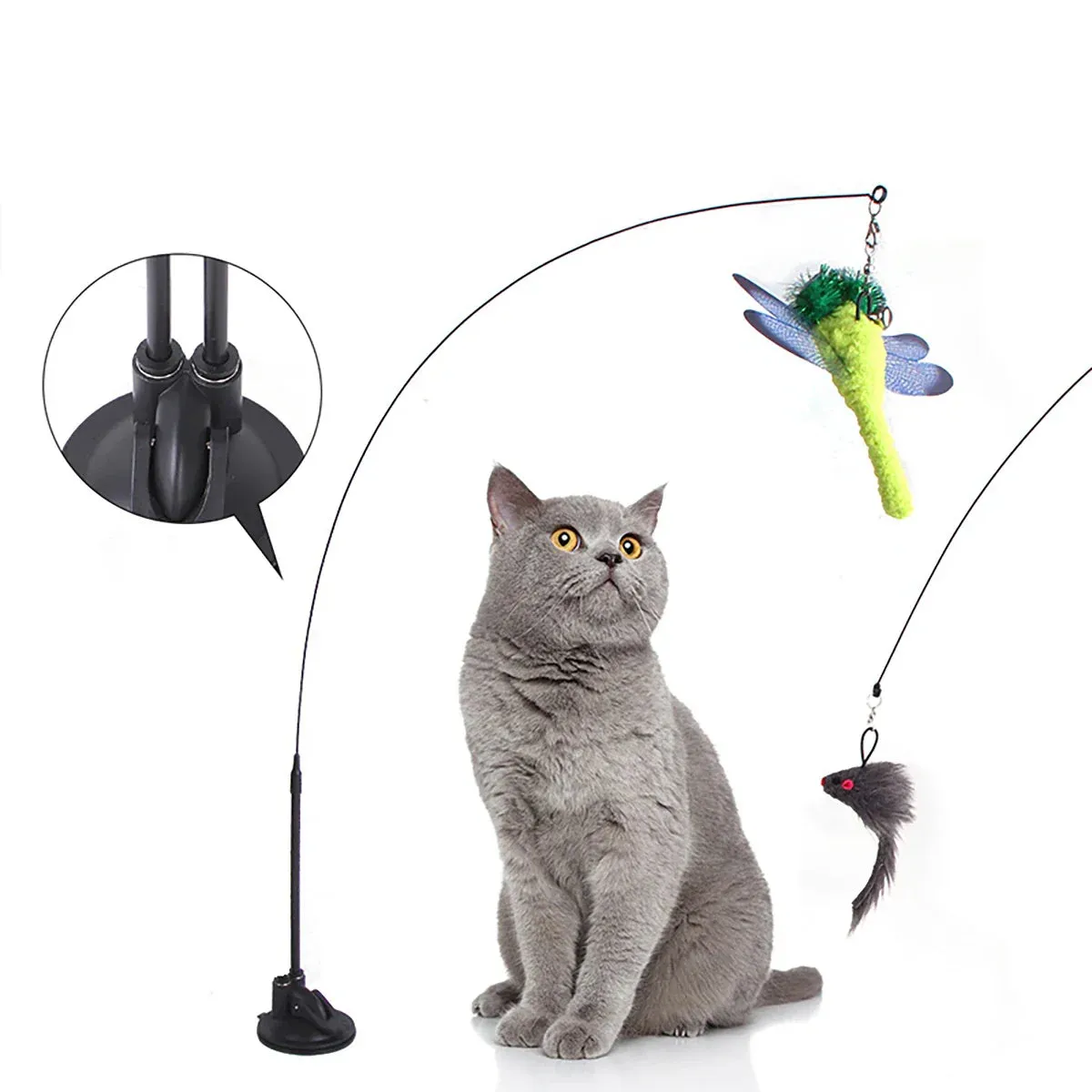 Interactive Cat Toy - Feather Teaser Wand with Bell and Sucker Base