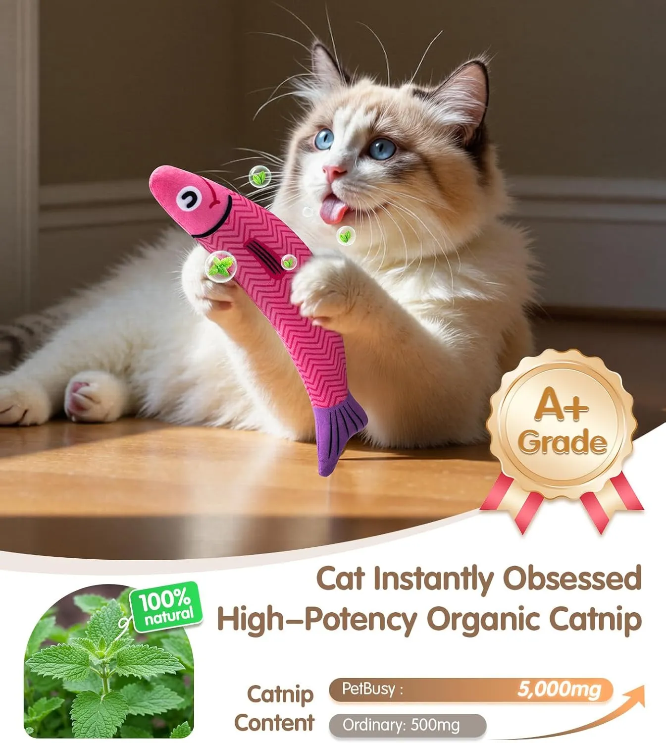 Interactive Cat Toys with[5000mg Premium A Catnip][Baby Grade] Soft Chew Kicker Cat Toys for Indoor Cats & Kittens, Crinkle &Rattle Fish Sound Toy, Drives Bored Cats Crazy with Fun,3 Pack