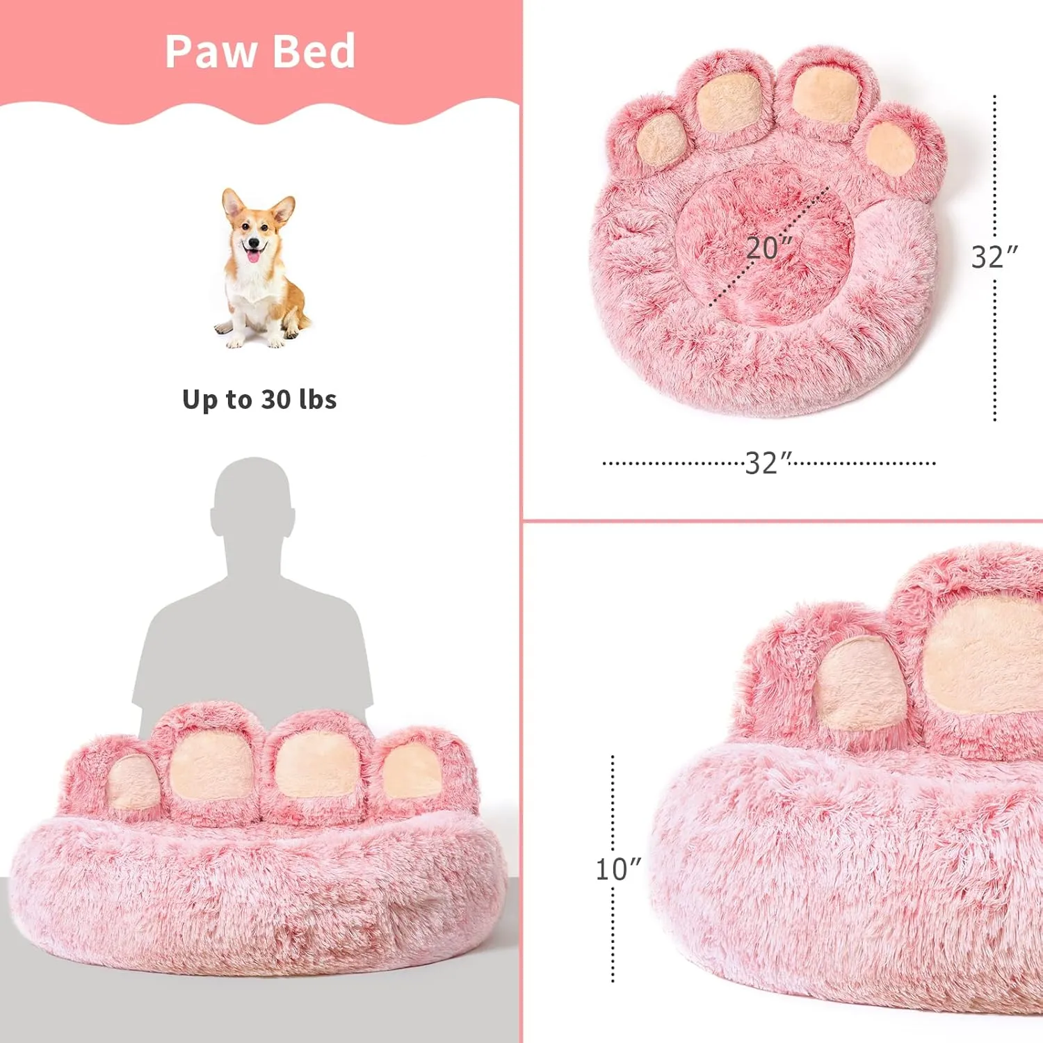 Jiupety Paw Shape Calming Pet Bed, Medium Plush Faux Fur Donut Bed for Dogs & Cats, Machine Washable, Non-Slip Bottom, Extra Large Size (32"32"10"), Pink