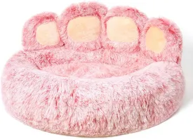 Jiupety Paw Shape Calming Pet Bed, Medium Plush Faux Fur Donut Bed for Dogs & Cats, Machine Washable, Non-Slip Bottom, Extra Large Size (32"32"10"), Pink