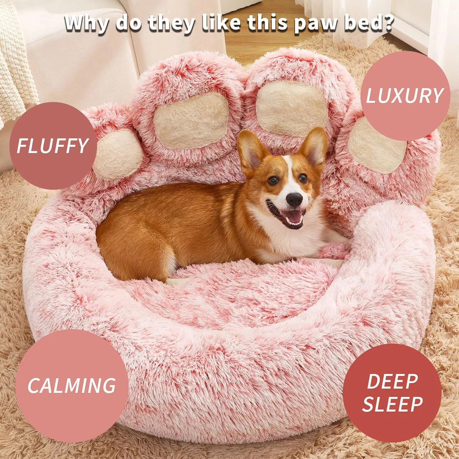 Jiupety Paw Shape Calming Pet Bed, Medium Plush Faux Fur Donut Bed for Dogs & Cats, Machine Washable, Non-Slip Bottom, Extra Large Size (32"32"10"), Pink
