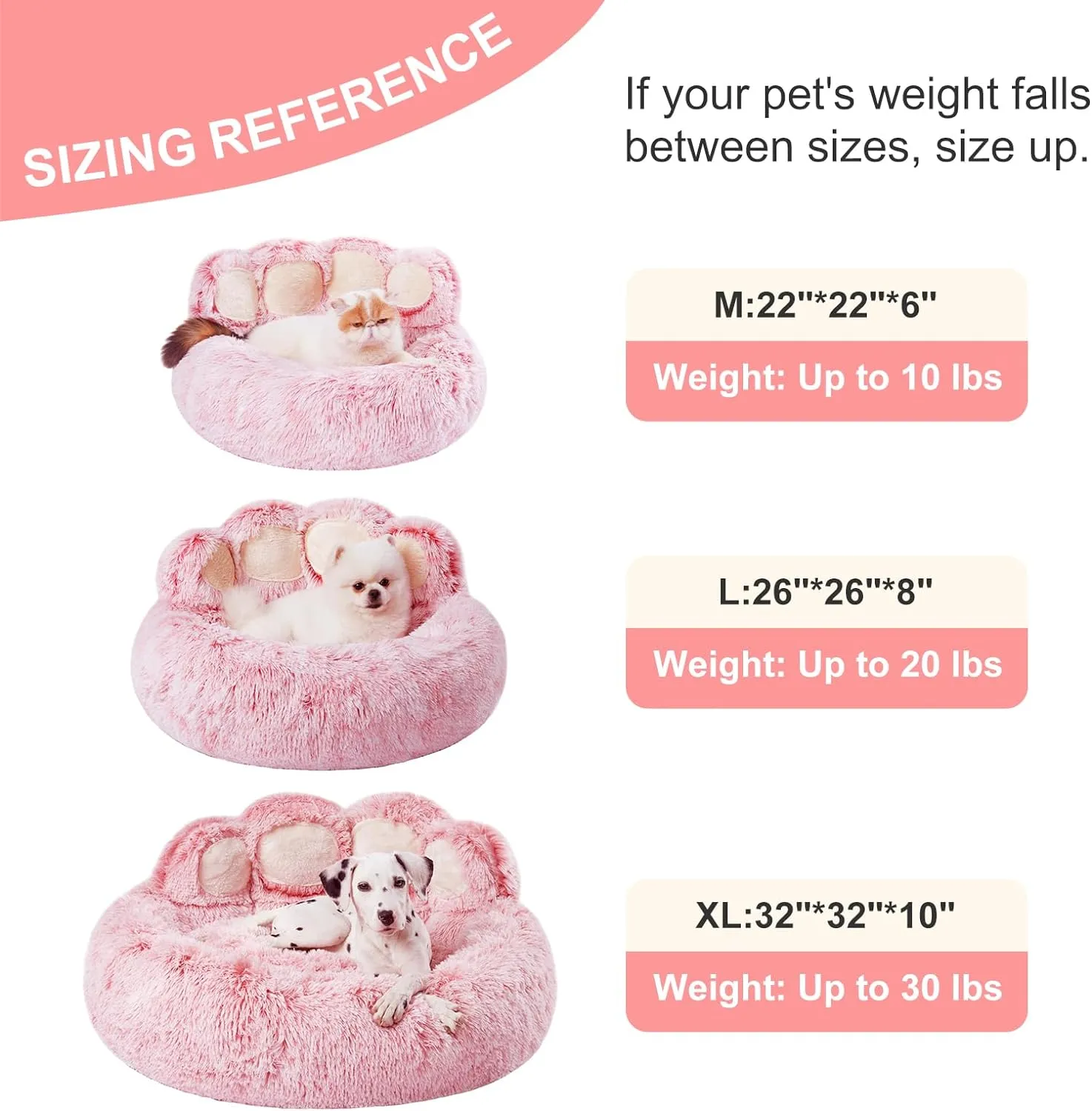Jiupety Paw Shape Calming Pet Bed, Medium Plush Faux Fur Donut Bed for Dogs & Cats, Machine Washable, Non-Slip Bottom, Extra Large Size (32"32"10"), Pink