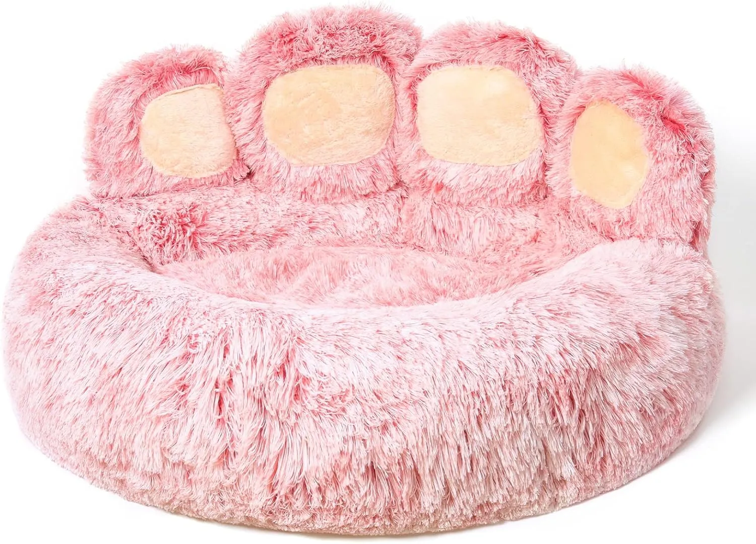 Jiupety Paw Shape Calming Pet Bed, Medium Plush Faux Fur Donut Bed for Dogs & Cats, Machine Washable, Non-Slip Bottom, Extra Large Size (32"32"10"), Pink