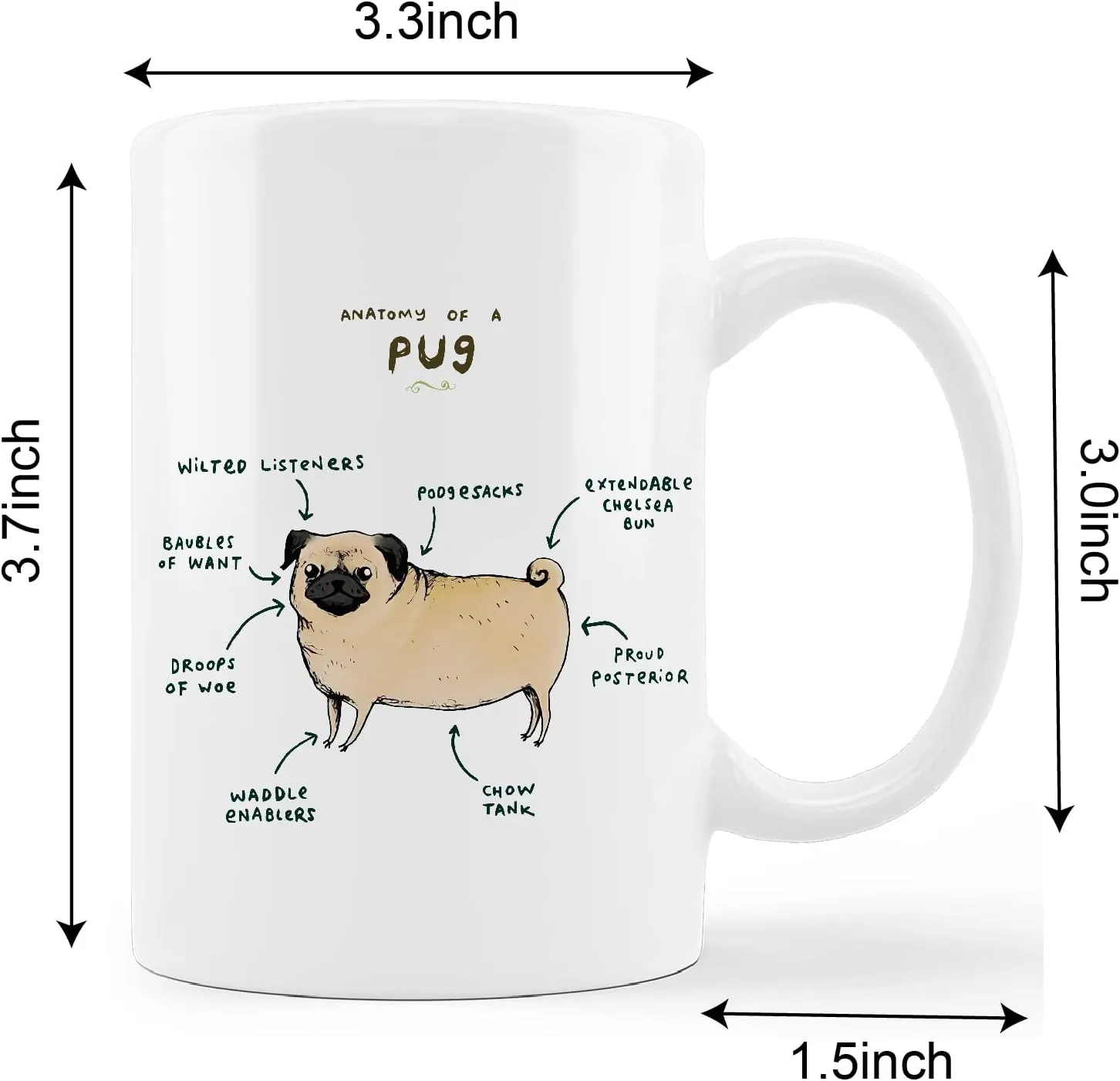 Kunlisa Funny Pug Anatomy Ceramic Mug - 11oz Coffee Milk Tea Cup, Gifts for Dog Lovers, Mom, Women, Men, Teen Girls, Pet Lovers, Coworkers