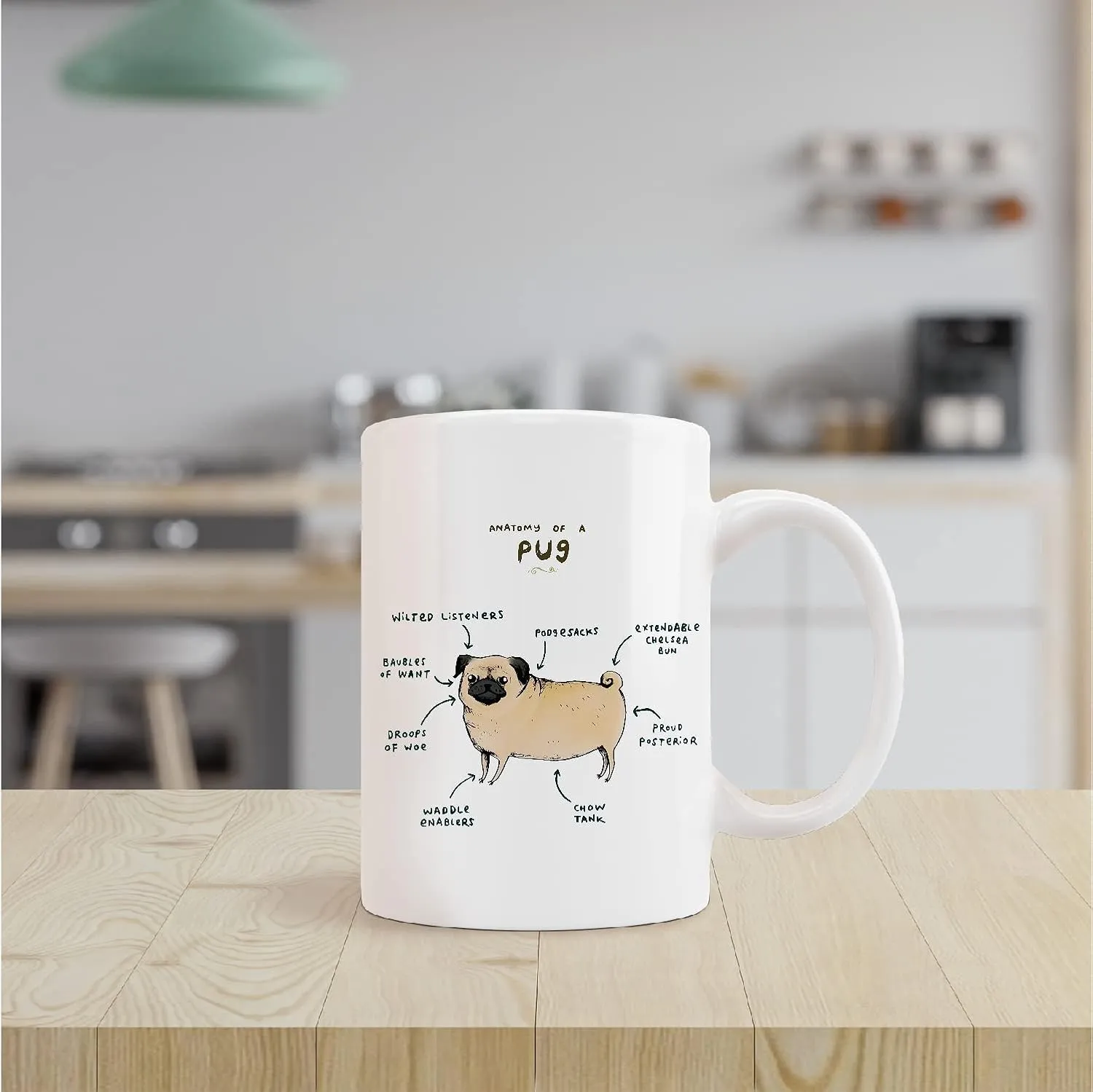 Kunlisa Funny Pug Anatomy Ceramic Mug - 11oz Coffee Milk Tea Cup, Gifts for Dog Lovers, Mom, Women, Men, Teen Girls, Pet Lovers, Coworkers