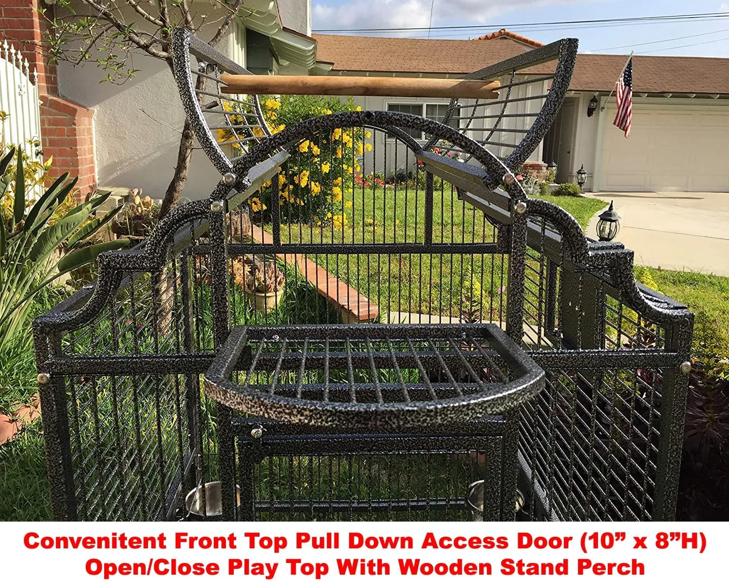 Large Elegance and Durable Wrought Iron Open Play Top Stand Bird Parrot Rolling Cage, Include Metal Seed Guard Solid Metal Feeder Nest Door (30.5 x 29.5 x 63 H, Black Vein)