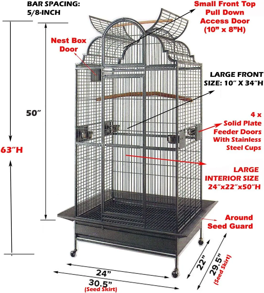Large Elegance and Durable Wrought Iron Open Play Top Stand Bird Parrot Rolling Cage, Include Metal Seed Guard Solid Metal Feeder Nest Door (30.5 x 29.5 x 63 H, Black Vein)