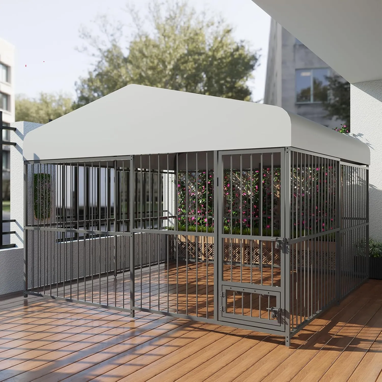 Large Outdoor Dog Kennel with Waterproof Cover, Large Dog House with Feeding Doors, Heavy Duty Dog Enclosures for Garden Backyard Courtyard10107FT