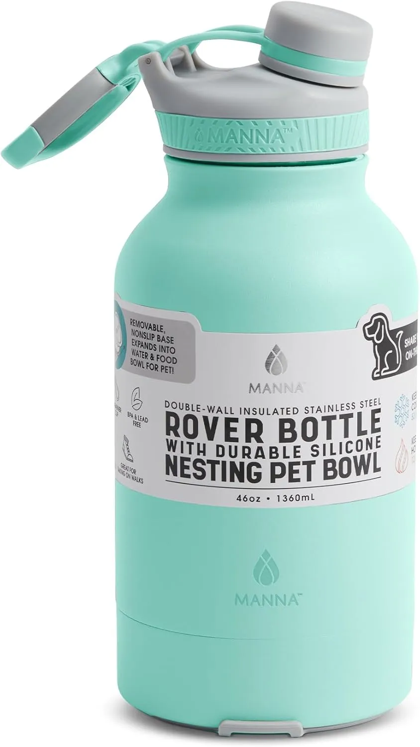 Manna Rover Double-Wall Insulated Stainless Steel Bottle with Durable Silicone Nesting Pet Bowl - 46 Oz - Mint Powder Coat