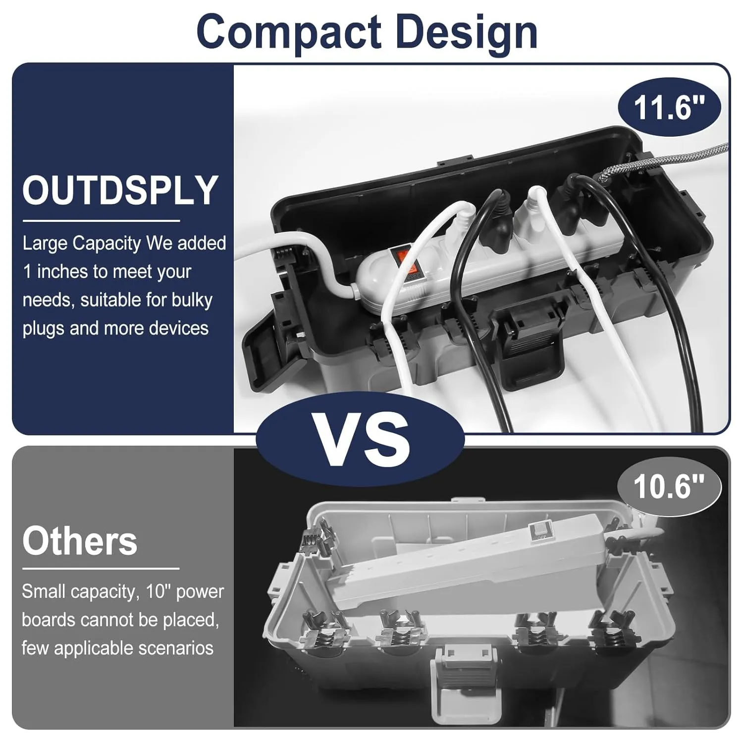 Medium Outdoor Electrical Box (11.6x5.7x4.1 inch), IP54 Waterproof Extension Cord Cover w/ 6 Cable Entry, Weatherproof Connection Box for Power Strip, Plug, Timer, Holiday Lights, Black