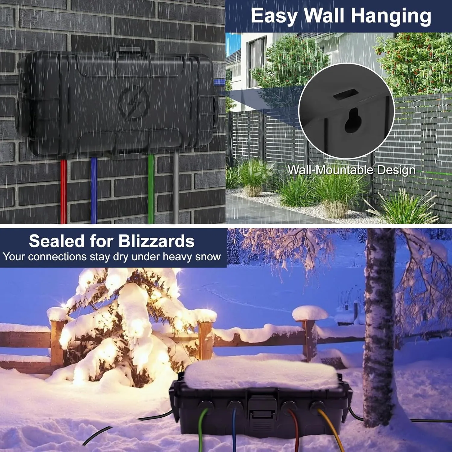 Medium Outdoor Electrical Box (11.6x5.7x4.1 inch), IP54 Waterproof Extension Cord Cover w/ 6 Cable Entry, Weatherproof Connection Box for Power Strip, Plug, Timer, Holiday Lights, Black