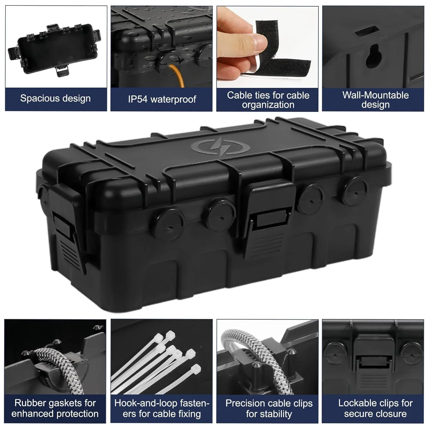 Medium Outdoor Electrical Box (11.6x5.7x4.1 inch), IP54 Waterproof Extension Cord Cover w/ 6 Cable Entry, Weatherproof Connection Box for Power Strip, Plug, Timer, Holiday Lights, Black