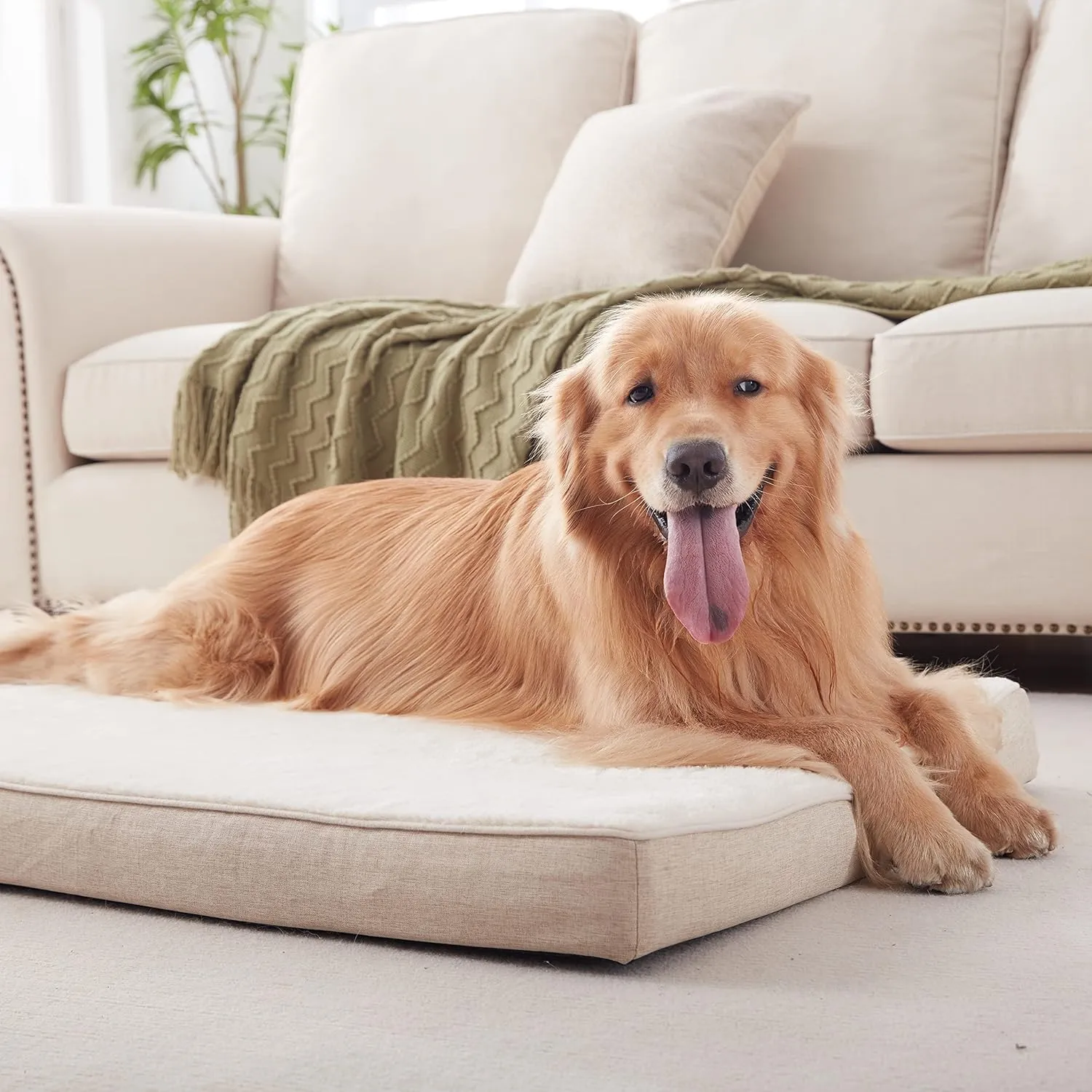 Memory Foam Orthopedic Large Dog Bed, Washable Dog Bed for Crate with Cooling Gel Mattress, Waterproof Liner and Plush Removable Cover for Extra Large Dogs (Beige)
