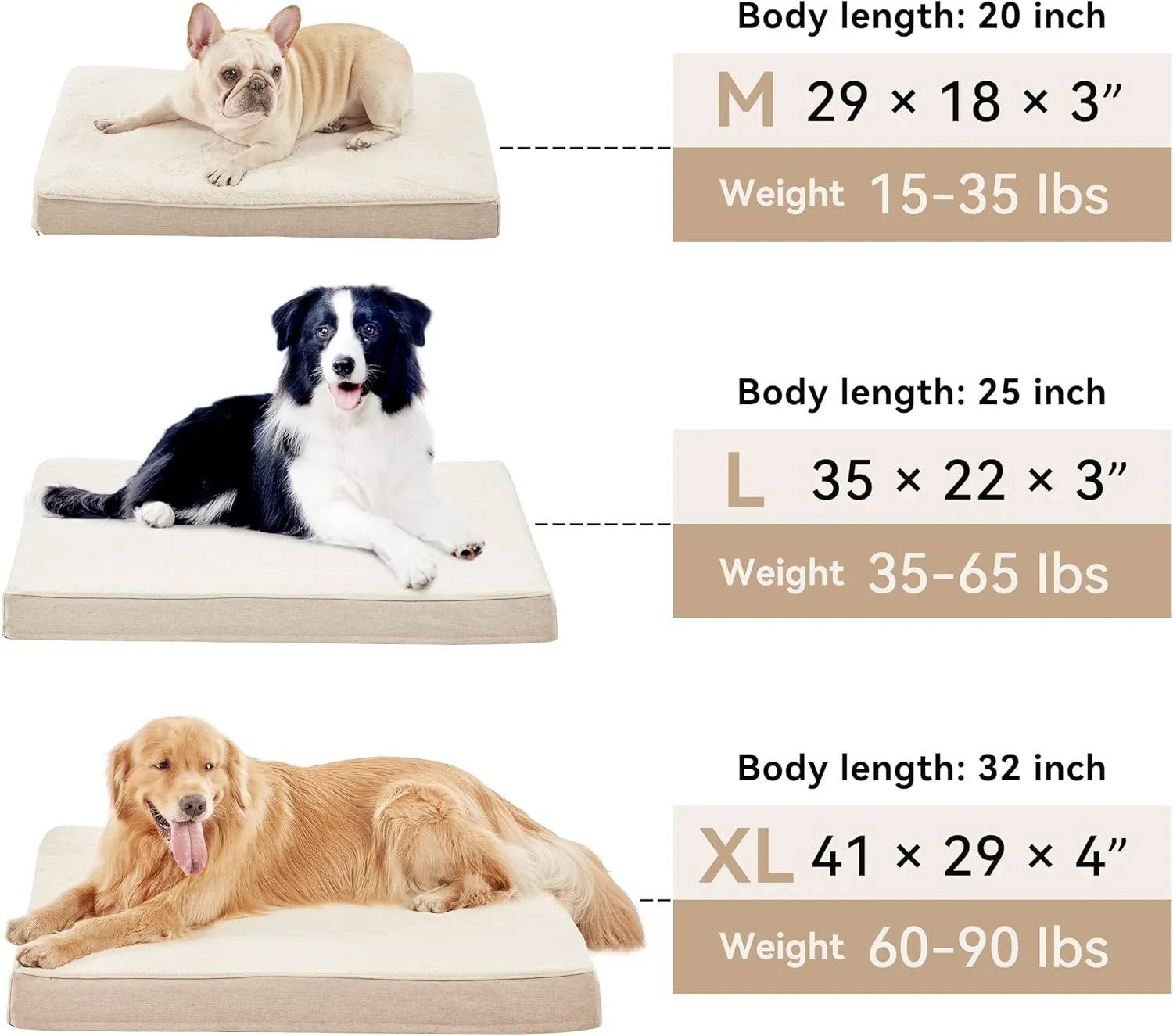 Memory Foam Orthopedic Large Dog Bed, Washable Dog Bed for Crate with Cooling Gel Mattress, Waterproof Liner and Plush Removable Cover for Extra Large Dogs (Beige)
